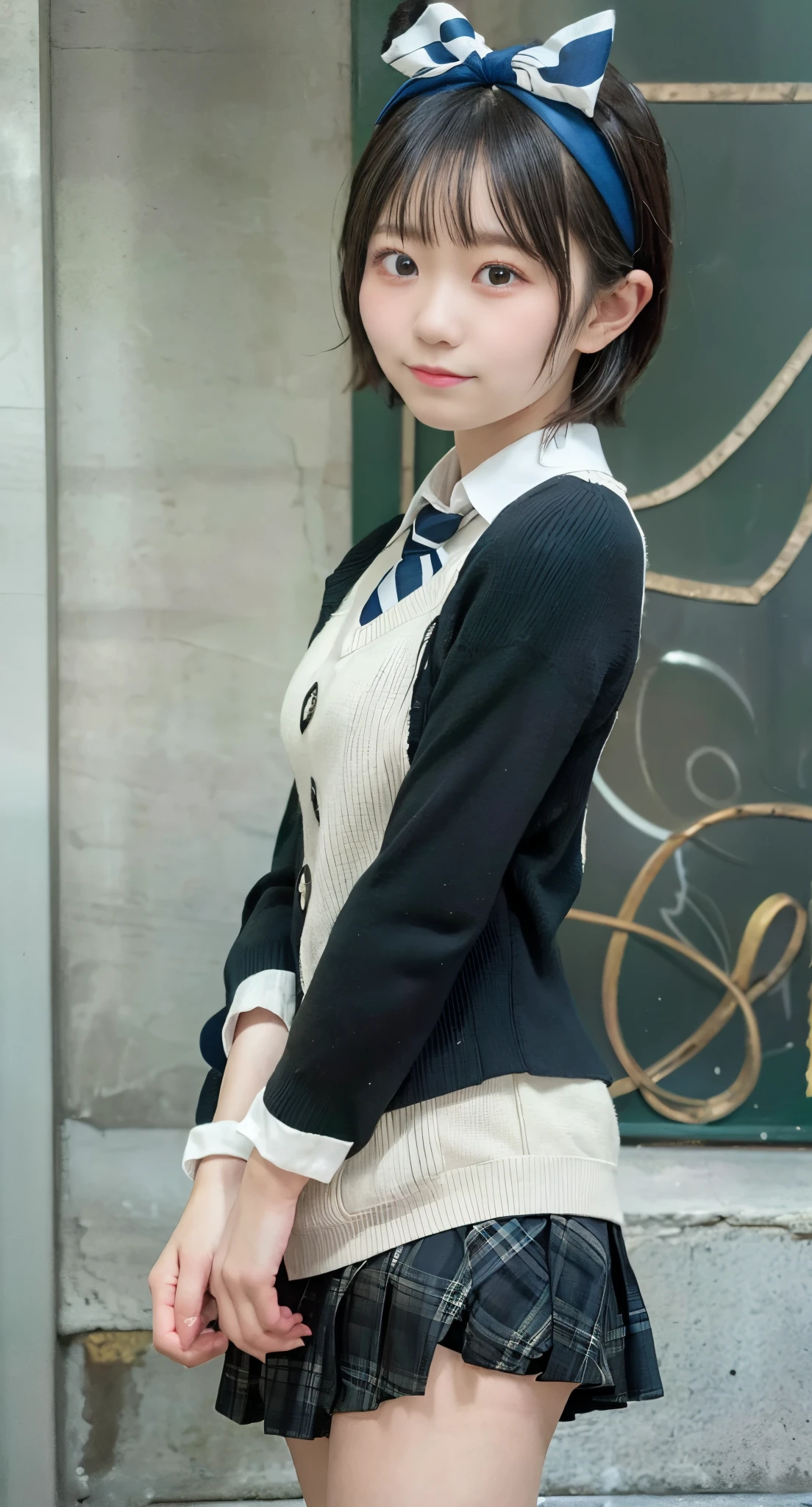 1girl in, Solo, Sarashina Ruka, Black hair, blue hairband, hair blue ribbon, Short hair, Blue eyes, School uniform, Black pleated skirt, Black jacket, green striped necktie, Long sleeves, Sweater Vest, (masutepiece:1.2), hight resolution, Best Quality, 8K, Very Very Clear,A smile、cute little、japanes、High school students、15 yo