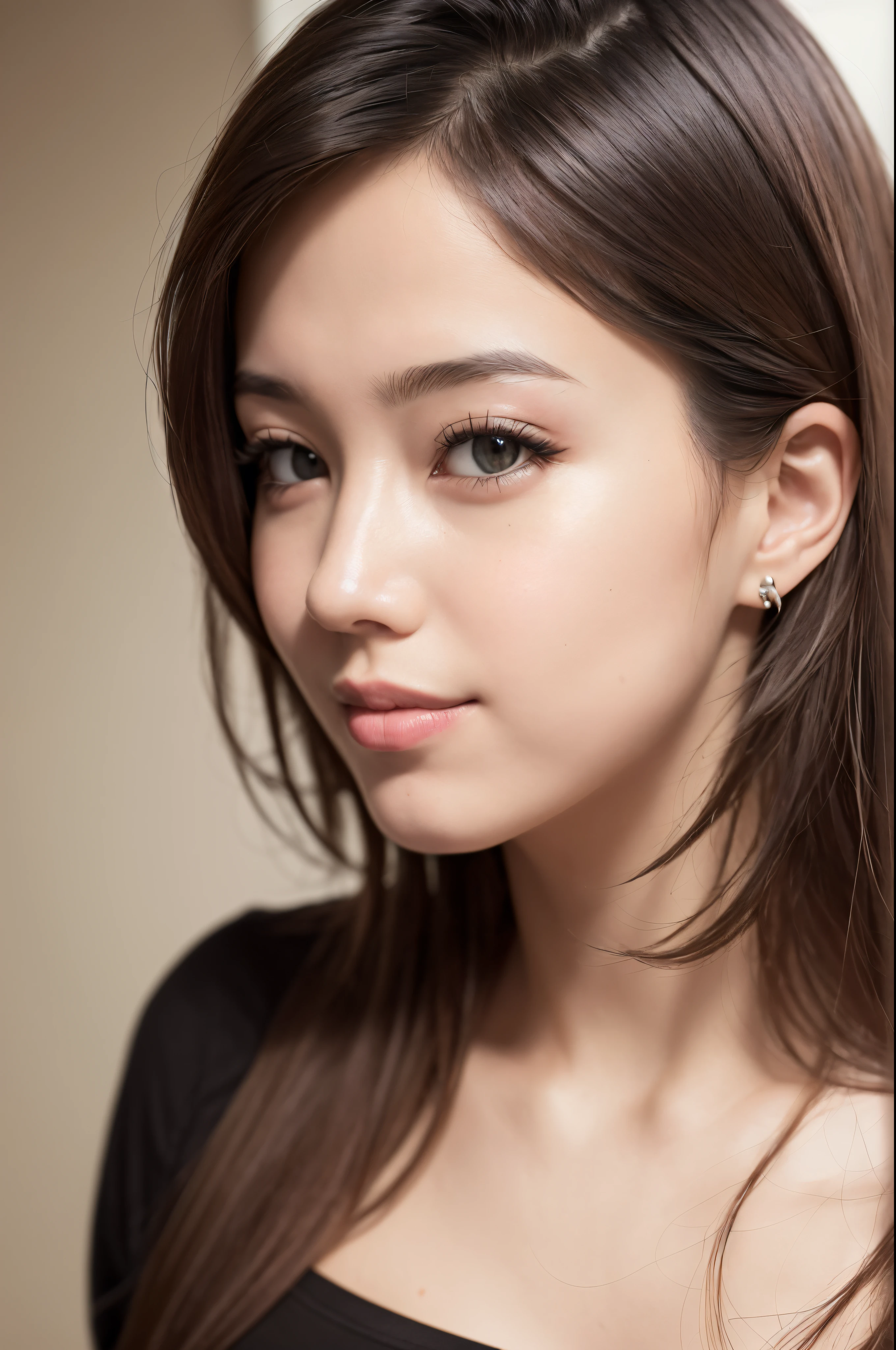 (Raw photo, Best Quality), (Realistic, Photorealsitic:1.3), masutepiece, extremely delicate and beautiful, Extremely detailed, nffsw, Unity, 8K, amazing, finely detail, Ultra-detailed, hight resolution, absurderes, Soft light, (Black hair, Short hair, Curly hair, hair messy, Bangor Tiful Detail Girl, Detailed fingers, extremely detailed eye and face, beautiful detailed nose, Beautiful detailed eyes, (Light on Face), Looking at Viewer, (Closed mouth:1.2), 1girl in, Cute, 年轻, Mature Face, pale skin, (Half body:1.3, Sittingium&#39;breastsout), Realistic face, Realistic body, beautiful detailed thigh, (ulzzang -6500-v1.1:0.6), Black shirt,  (Semi-smile:1.3),