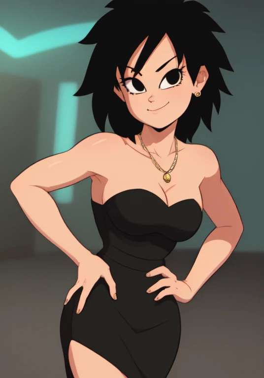 (masterpiece:1.2), (best quality), (ultra detailed), (8k,4k),(half body:1.2), (cowboy:1.2), (highly detailed:1.2), (detailed face:1.2), (detailed background), Gine, smile, looking at viewer, nightclub, neon lights, full body, street background, black hair, short hair, hand on hip, bare shoulder, bare arms, medium breast, jewelry, looking at viewer, standing, strapless, short black dress, black sweetheart dress, black pencil skirt, close up, seductive.
