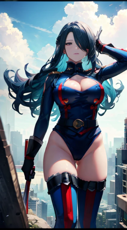 Blue leotard,highleg,Above the city, Preparing for battle, Detailed art photos, beautifull detailed face, Dreamy, blazing, Back lighting, Glamour, Glow, shadowy, oil on canevas, brushstrokes, Soft, Ultra high definition, 8K, unreal enginee 5, Ultra Focus Sharp, ArtGerm, Roisch, nffsw, intricate art masterpiece, Menacing, Matte Paint Movie Poster, Golden ratio, CGsociety trend, Convoluted, epicd, Highly detailed, Vibrant, production cinematic character render, Quality model ultra-high,well-muscled,The whole picture,
