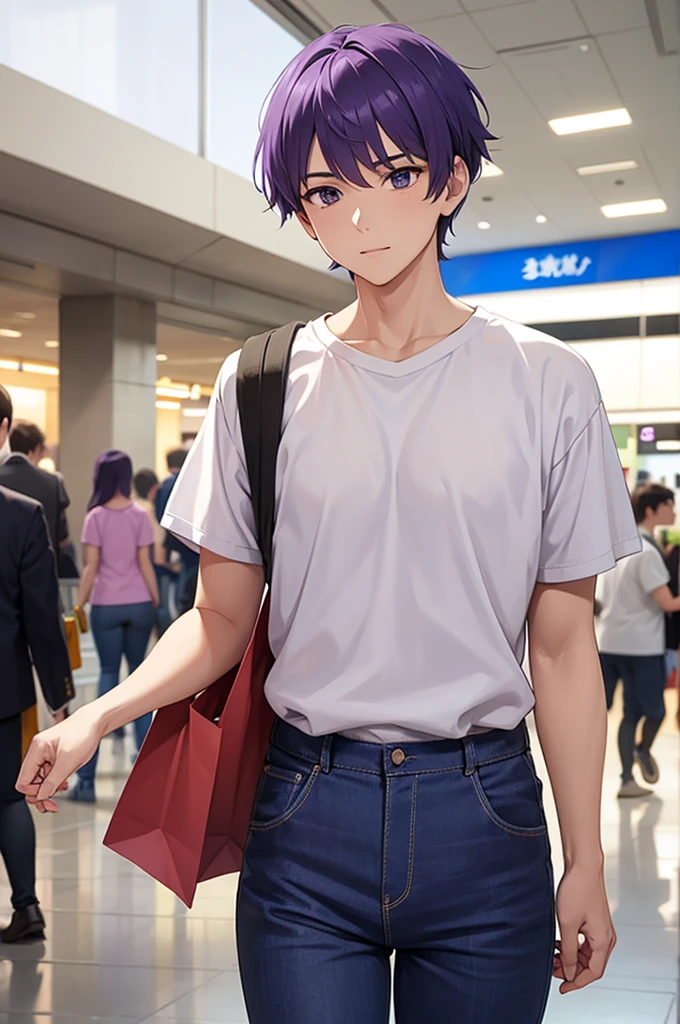 A purple-haired school boy in a white t-shirt and blue pants in a shopping centre