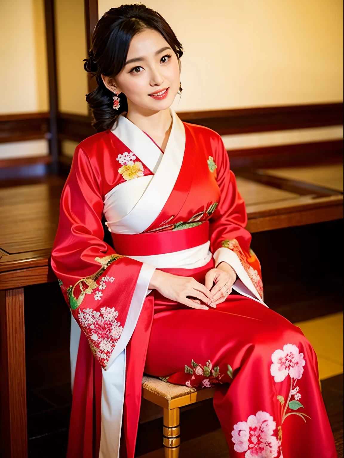 Arab Asian woman in red and white dress sitting on a chair, goddess of Japan, gorgeous chinese model, in a kimono, Beautiful Asian Girl, Red kimono, elegant japanese woman, Chinese girl, Japanese, Asian Girl, organic seductive geisha, in a kimono, Japanese Models, glamorous and sexy geisha, red kimono with flower patterns, beautiful oriental woman, Ayami