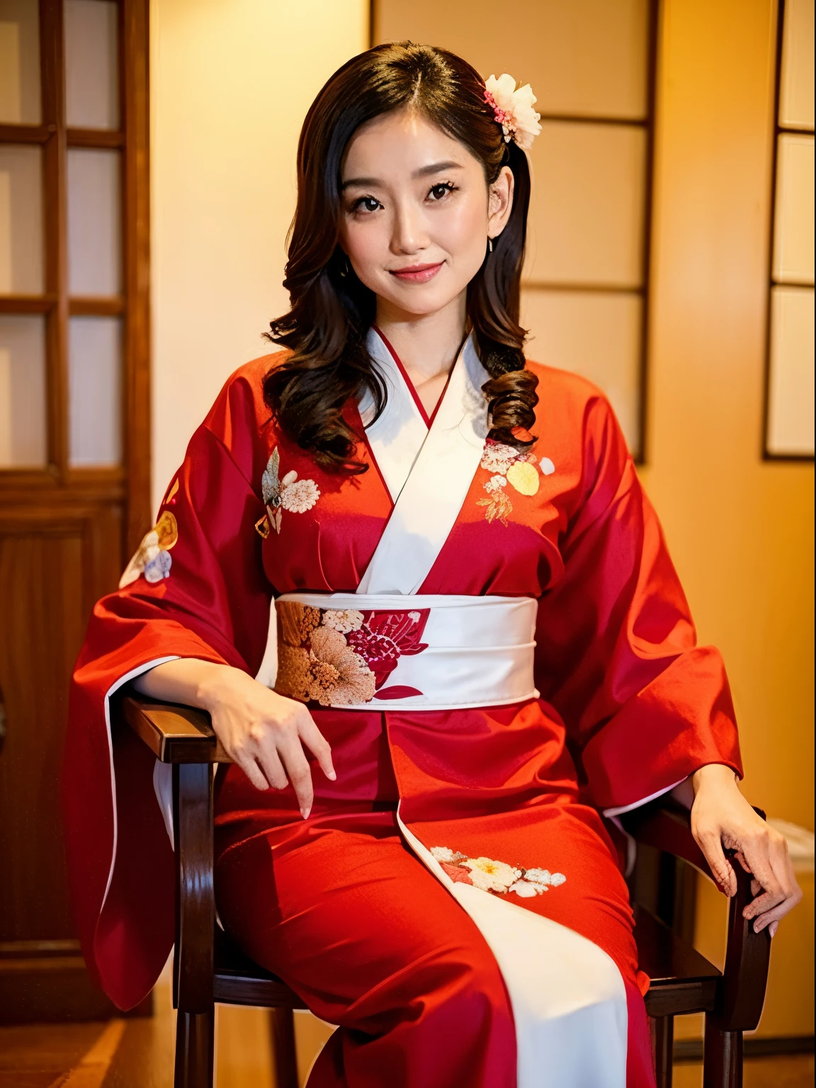 Arab Asian woman in red and white dress sitting on a chair, goddess of Japan, gorgeous chinese model, in a kimono, Beautiful Asian Girl, Red kimono, elegant japanese woman, Chinese girl, Japanese, Asian Girl, organic seductive geisha, in a kimono, Japanese Models, glamorous and sexy geisha, red kimono with flower patterns, beautiful oriental woman, Ayami