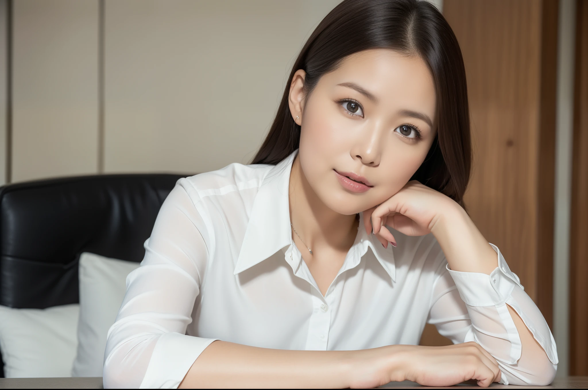 ((Best Quality, 8k, Masterpiecedetails, ultra-high resolution)), (looking at the viewer), (middle shot:), attractive business 1 milf laying down on office, a bit chubby:0.15, white collared shirt, grey skirt, (laying down on office desk)), seductive expression, office of CEO,