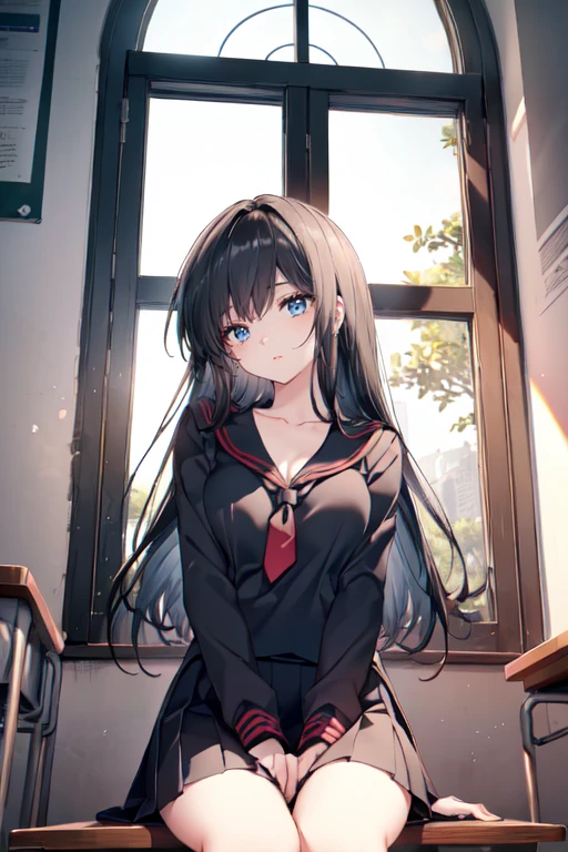 8k, (ultra-detailed:1.3, master piece:1.3, best quality:1.3, high resolution:1.3), 18year old, High school students, 1 person, a girl, beautiful face, large and beautiful breasts, Blue eyes, eyes in highlight, catch light eyes, specular highlight eyes, (long hair, black hair, black sailor suit, Black pleated skirt, Separated uniforms, red Part tie, collarbone, from the front side, shoot from below looking down) laughter, classroom, (Sitting on a desk, chest between upper arms, Place your hands on your thighs.)