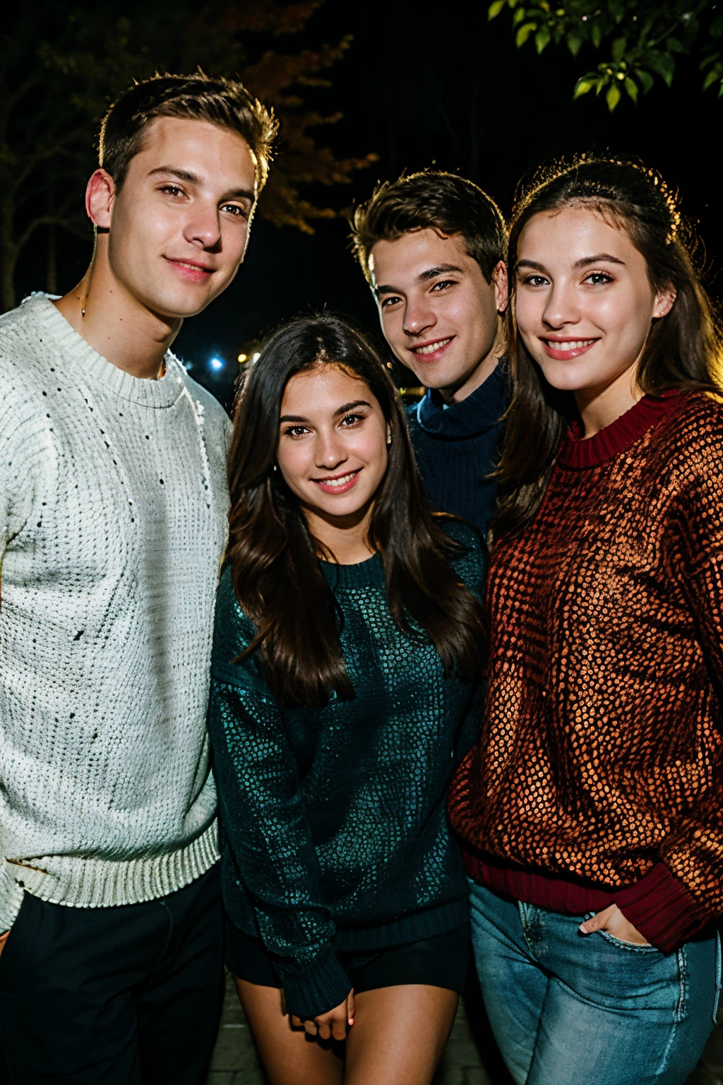 Group photo with friends, night time, party, college, caucasian, male and female, UHD, high quality, super detail, textured skin, casual clothing, sweater, autumn