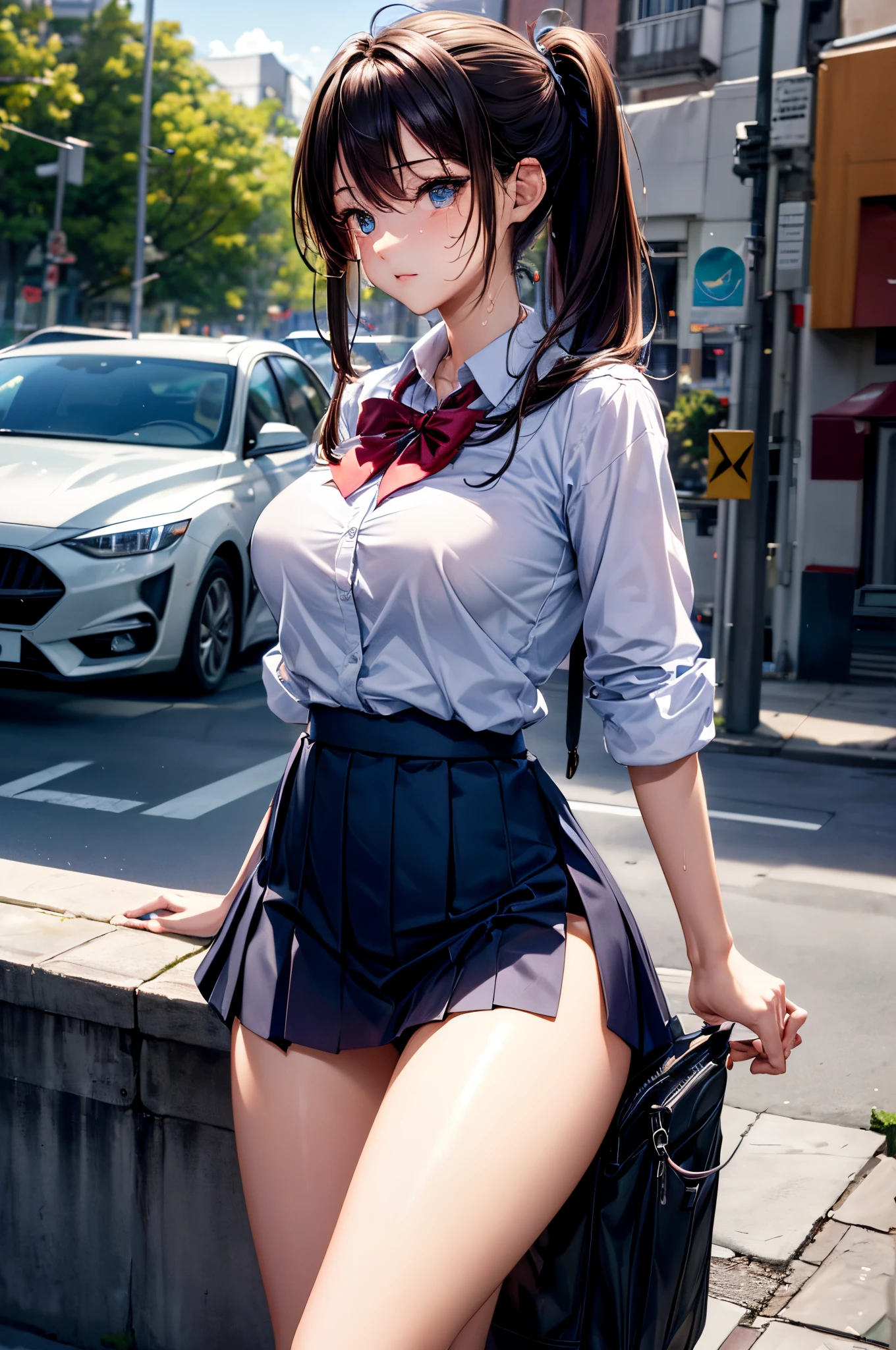 ,(Official art、Best Quality、Unity 8k Wallpapers、32K、 masterpiece、ultra-detailliert、High resolution,Perfect Anatomy),(natural soft light:1.2),Detailed beautiful face and eyes,,cowboy shot,(focus 1woman,solo:1.2),20-year-old beauty、japanes、hi-school girl、brown hair,ponytail:1.2,long hair,crying,anxious expression、(((Slender lower body:1.5,Thin thighs:1.4,skinny:1.3,ideal ratio body proportions:1.2,medium breasts)))、(sweat:1.2),(School uniform:1.5、pleatedskirt)、sitting,Bustling street、