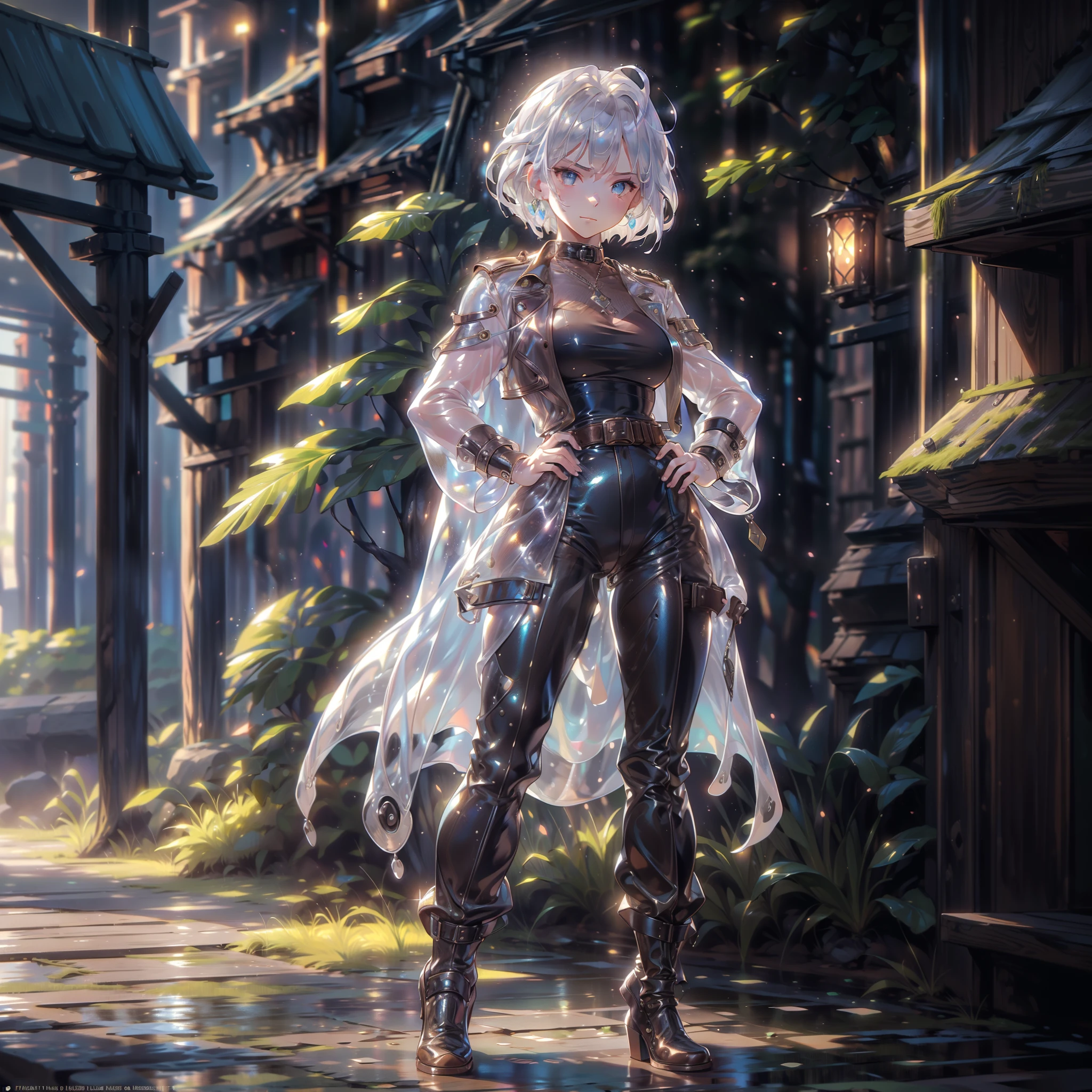 (high resolution), (best quality), (masterpiece), (ultra-detail), intricate detail, (masterpiece), androgenous, ((slime)), ((solo_focused)), young adult, silver hair, short hair, mature, handsome, beautiful, feminine, ((full body)), toned body, looking at viewer, armored, smirking, closed_mouth, (topwear:(trench coat)), (black shirt), ((bottomwear:(pants:brown)), hunter outfit, standing, tall, forest background, close to the camera