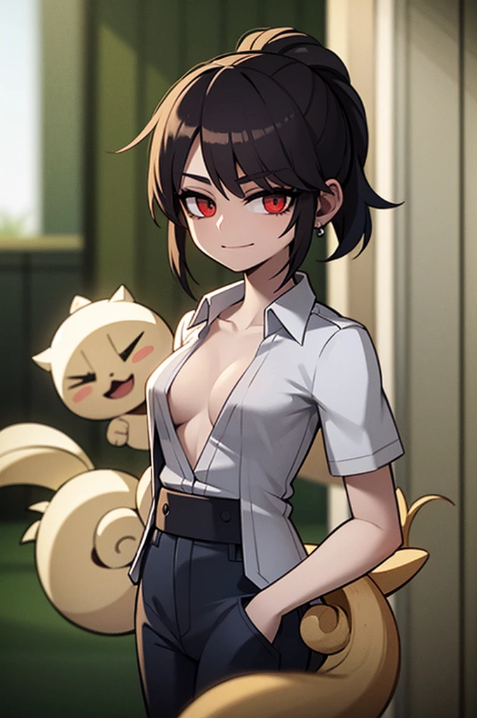 best quality, 4k, 8k, highres, masterpiece:1.2, ultra-detailed, realistic, photorealistic:1.37, pale woman, black ponytail hair, red eyes, white shirt, blue jeans, flat chest, thin, smiling, portraits, vivid colors, soft lighting, small boobs