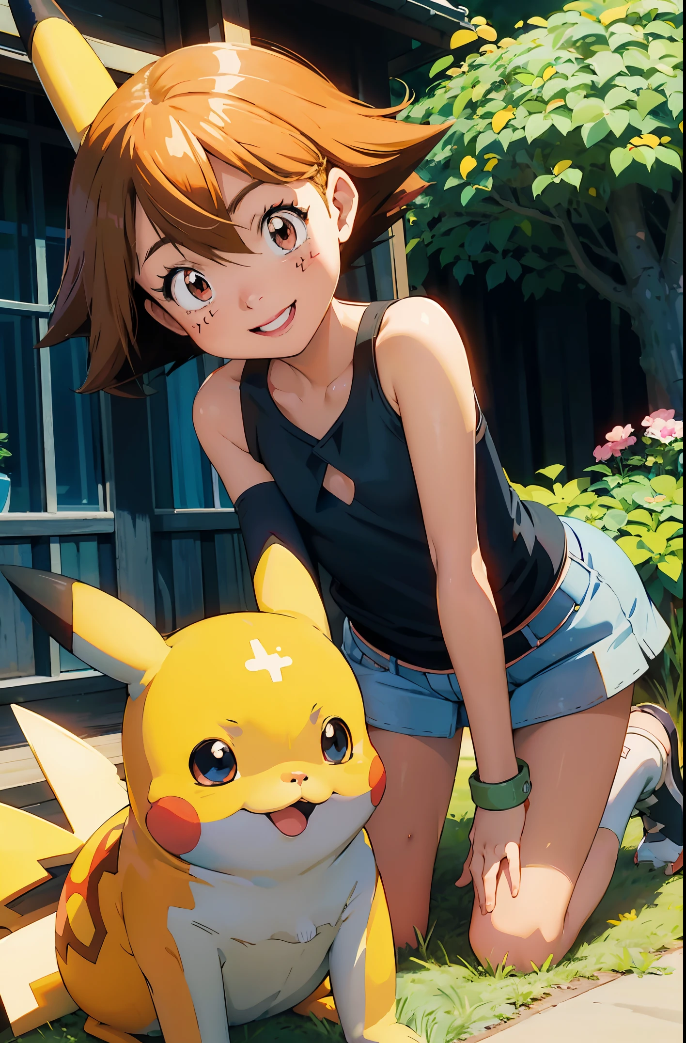 Perfect picture,,{Pokemon themed}{Pikachu }{hedonism},{Have a Poké Ball},8 years old girl,4K picture quality, Cinematic,,{Gamine},{small body and chest,,,,,,,,,,,,,} Longhaire,a blond,cute expression,face perfect,｛girl showing a smile｝