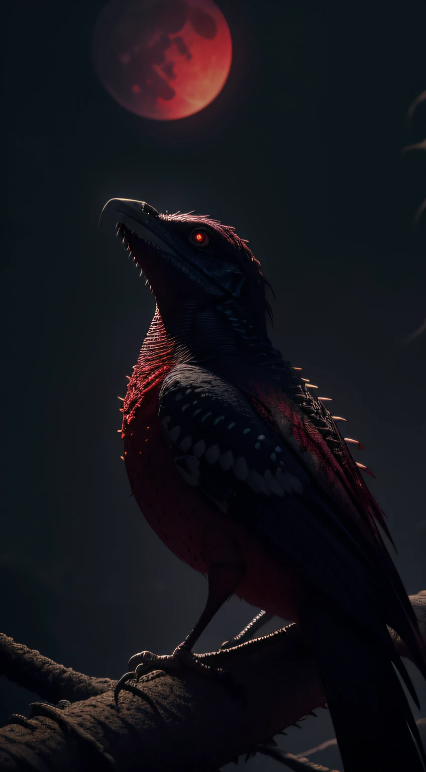 (horror art:1.1), dread, unity 8k wallpaper, ultra detailed, beautiful and aesthetic, masterpiece, best quality, Amidst the moonlit gloom, sinister shrike bird, Shrike bird killing lizard. Lizard impaled upon the thorny spikes, dripping blood in the moon's pale glow.