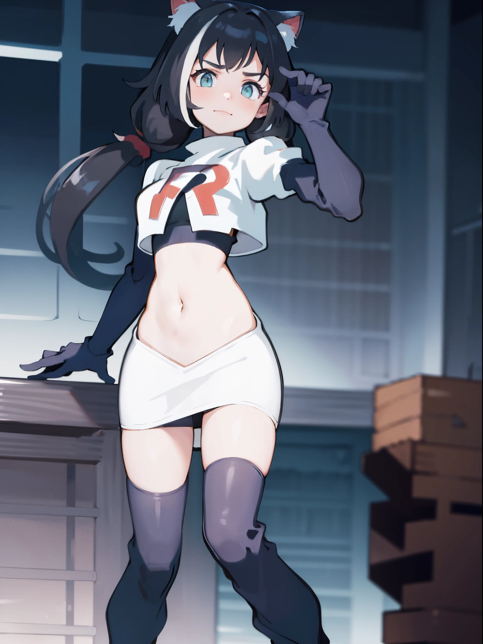 karyl,low twintails, twintails, cat tail,team rocket,team rocket uniform,white skirt,crop top,black thigh-high boots,black elbow gloves,