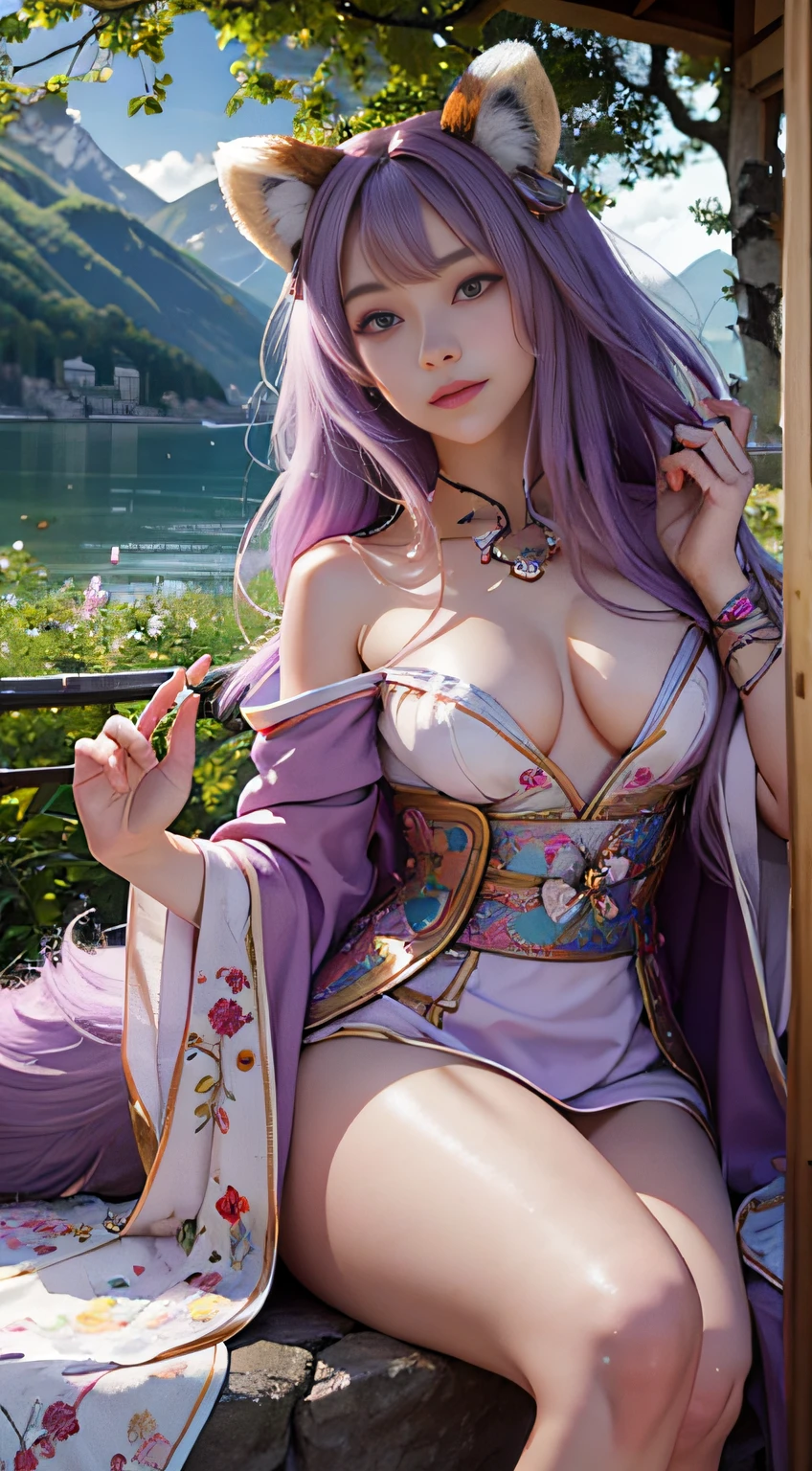 (Masterpiece, Best Quality, Very detailed CG, intricate details: 1.2), 8k wallpaper, Masterpiece, Best Quality, With limited reward, hiquality, super detaill, high detail, Textured skin, Cute, UHD, anatomically correct, Pixar Style, (Cute red panda in doctor's robe: 1.2), 30-year-old adolescence, Detailed Face, black braid with fish tail, Happy sweet smile. fairytale, slight smile, slight smile, cherry, Sunny Apple, butterfly, wolf ears,Long hair, tail, Wolf Tail Wolf Girl, Bright colors, natural light, Face quality:1.4), hight resolution, Masterpiece, light purple hair, violet eyes, (violet eyes,Detailed purple eyes,violet eyes) (oil painting,illustartion) (bright colours,hight resolution,ultradetail), (Beautiful,very detailed eyes,s face,long eyelashes), (portrai,Realistic) illumination, ( purple hue, colourful), (Kemomimi), Average Breasts,, Naked slim thigh,, hair ornament, (Red|White Japanese Miko Clothing, delicate clothing with many frills and ribbons), detached sleeves,, blusher,, lantern, shrine,, Detailed Face, Beautiful mountain backdrop, wet feet, seat, background in Chinese park, White Thighs, clear water, bare feet: 1.3, An abundance of colors, seductive gaze, looking a viewer