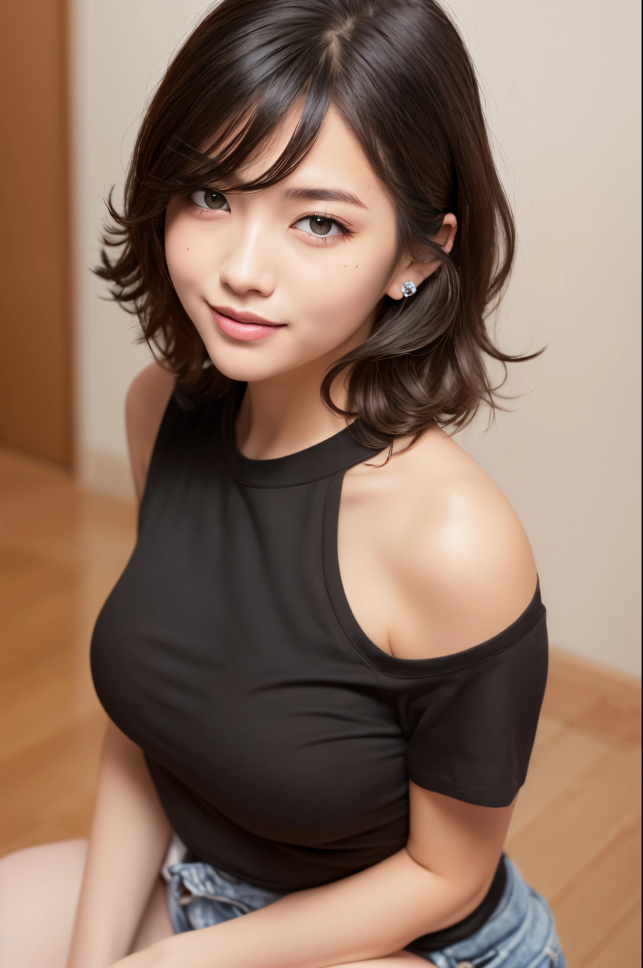 (Raw photo, Best Quality), (Realistic, Photorealsitic:1.3), masutepiece, extremely delicate and beautiful, Extremely detailed, nffsw, Unity, 8K, amazing, finely detail, Ultra-detailed, hight resolution, absurderes, Soft light, (Black hair, Short hair, Curly hair, hair messy, Bangor Tiful Detail Girl, Detailed fingers, extremely detailed eye and face, beautiful detailed nose, Beautiful detailed eyes, (Light on Face), Looking at Viewer, (Closed mouth:1.2), 1girl in, Cute, 年轻, Mature Face, pale skin, (Half body:1.3, sittingium'breastsout), Realistic face, Realistic body, beautiful detailed thigh, (ulzzang -6500-v1.1:0.6), Black shirt, (Semi-smile:1.3),