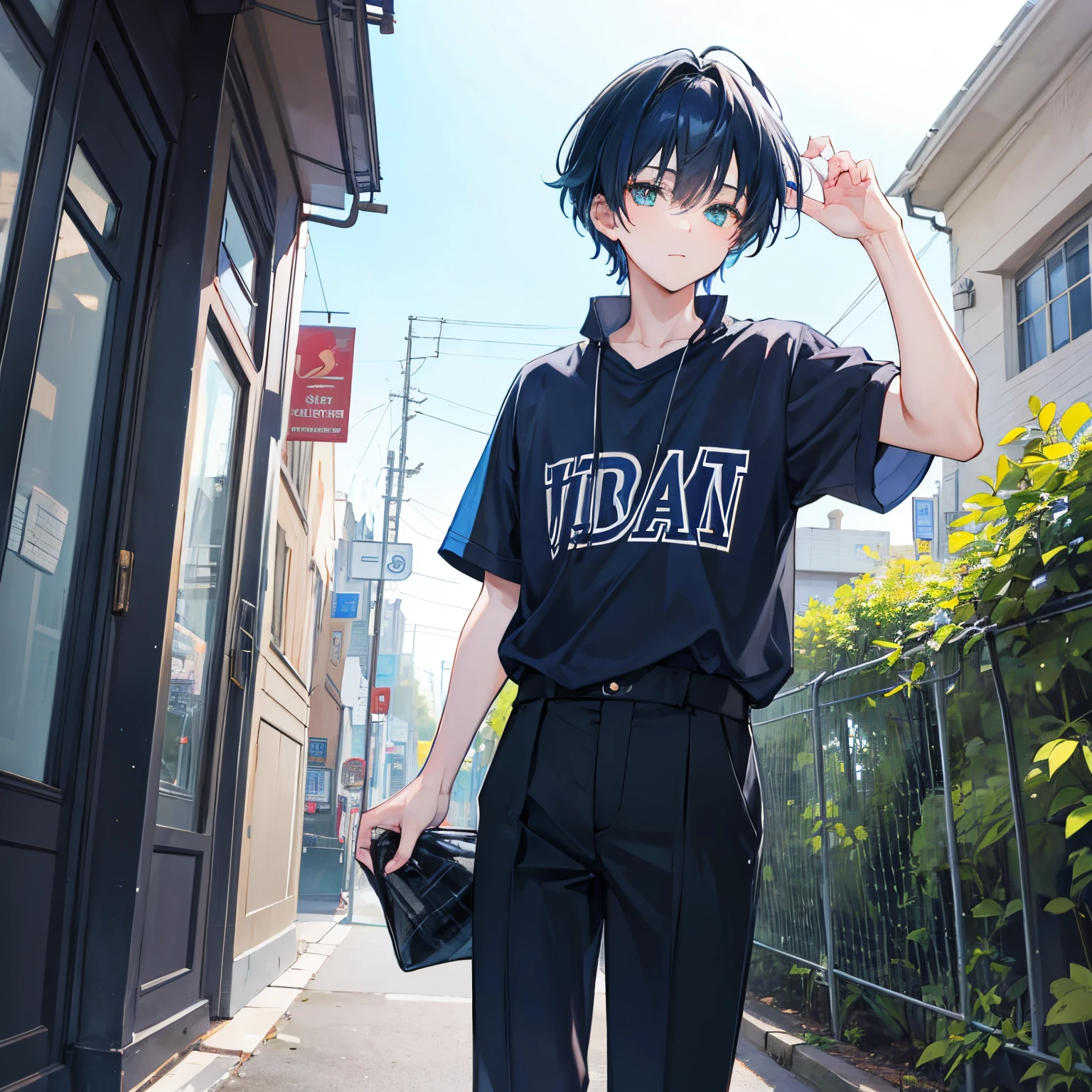 A high school  boy with dark blue hair and green eyes