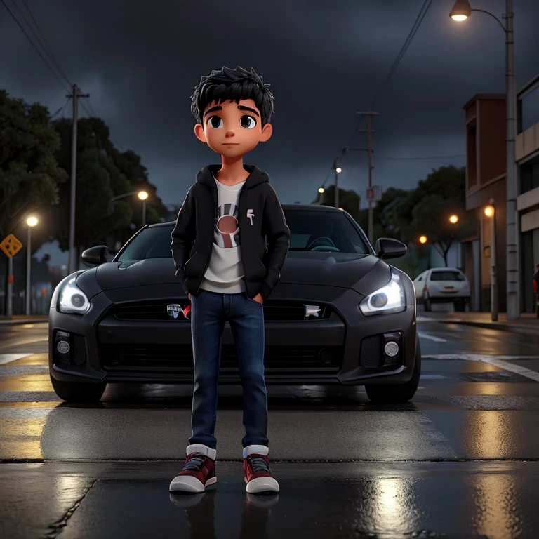 Descreva a cena de um jovem com capuz, wearing a black sweatshirt and jeans, standing on the sidewalk on a rainy night. He is looking at a shiny GTR R35 car passing on the road., Your admiration visible in your eyes. The light from the headlights reflects on the puddles of water around you, enquanto a chuva cai suavemente sobre ele. O som do motor potente ecoa no ar, misturando-se ao som da chuva. The boy remains motionless, captured by the elegance and speed of the car, dreaming of the day when you can be behind the wheel of such an impressive machine.