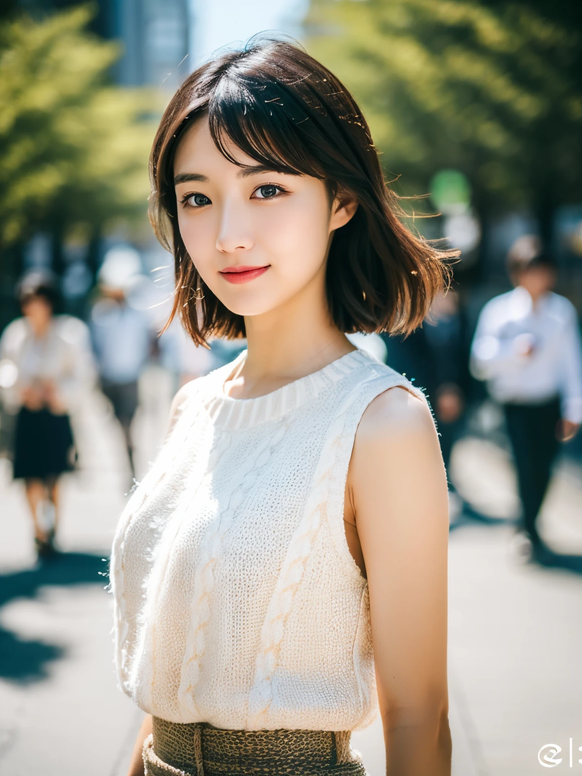 (Mastepiece, highest quality: 1.2), 8K,Dark Eyes, 1 Female, 25 Years Old, (((Female))), Solo, Realistic, Top Quality, Photorealistic, Masterpiece, 8K, High Resolution, Solo, Highly Detailed Face, (Professional Lighting, bokeh), (light particles, lens flare, glowing particles: 0.6), (dynamic pose: 1.2), soft lighting, angle from above, fashionable and trendy atmosphere, Japan, street, Tokyo, city, ( (Daytime)), Sky, ((Viewer looking at: 1)), (Looking at camera), (Portrait: 0.6), Cowboy shot, Gorgeous, Standing, Maintains original facial proportions, Broad shoulders, Full body, (Poor) breastedium hair), brown hair, floating hair, lips, lipstick, seductive smile, floating hair, smile, (sleeveless white blouse), (jumper skirt), eyelashes, waist shot,