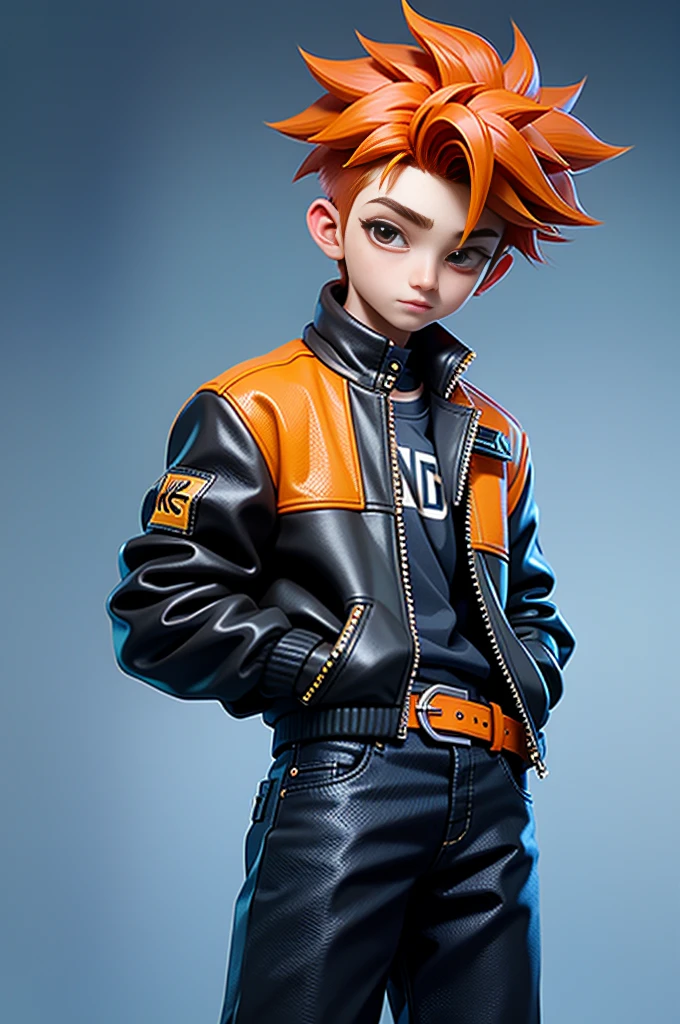 K-pop 16 year old boy, Model, Cool jacket, Orange Hair, Black pants with belt, inside walmart