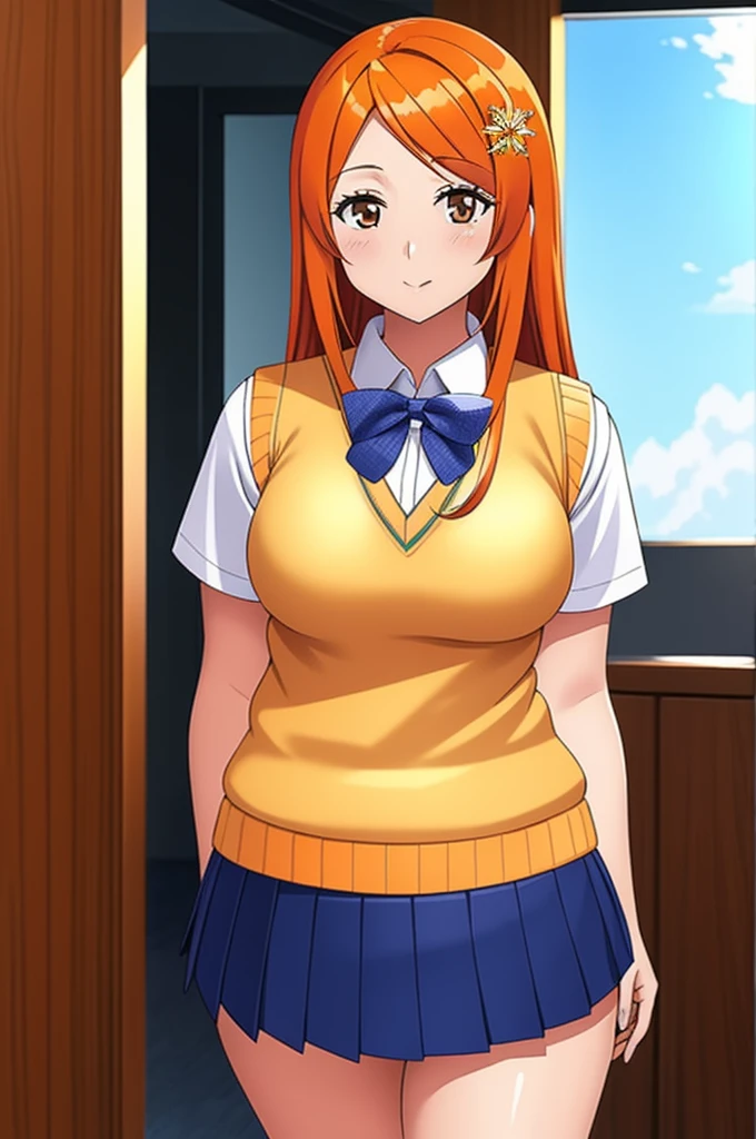 (best quality, ultra detailed, masterpiece), inoue orihime, orange hair, long hair, gray eyes, school uniform, hair ornament, sweater vest, pleated skirt, detalied background, school background, looking at the viewer, thick