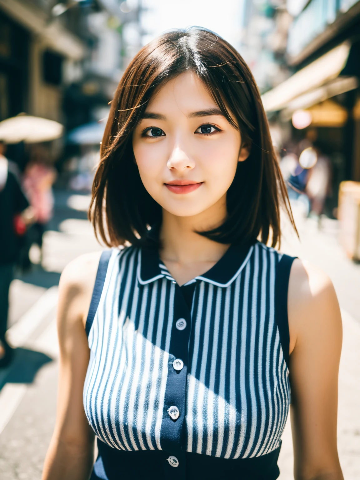 (Mastepiece, highest quality: 1.2), 8K,Dark Eyes, 1 Female, 25 Years Old, (((Female))), Solo, Realistic, Top Quality, Photorealistic, Masterpiece, 8K, High Resolution, Solo, Highly Detailed Face, (Professional Lighting, bokeh), (light particles, lens flare, glowing particles: 0.6), (dynamic pose: 1.2), soft lighting, angle from above, fashionable and trendy atmosphere, Japan, street, Tokyo, city, ( (Daytime)), Sky, ((Viewer looking at: 1)), (Looking at camera), (Portrait: 0.6), Cowboy shot, Gorgeous, Standing, Maintains original facial proportions, Broad shoulders, Full body, (Poor) breastedium hair), brown hair, floating hair, lips, lipstick, seductive smile, floating hair, smile, (sleeveless white blouse), (jumper skirt), eyelashes, waist shot,