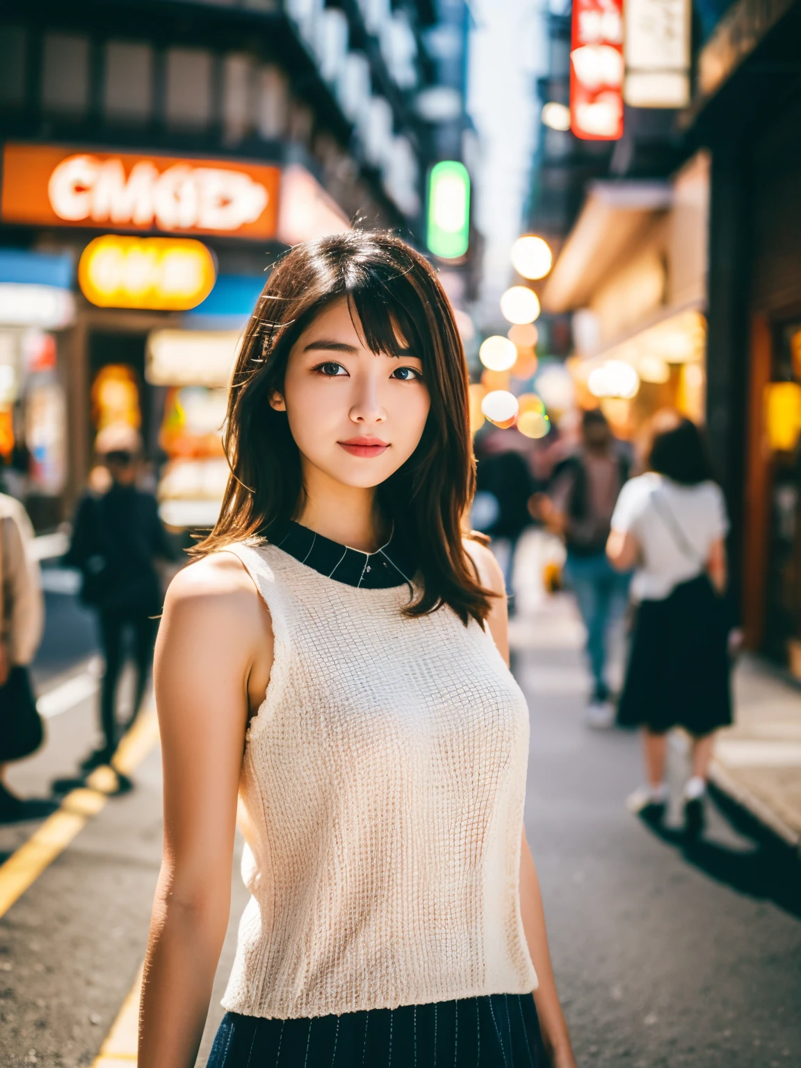 (Mastepiece, highest quality: 1.2), 8K,Dark Eyes, 1 Female, 25 Years Old, (((Female))), Solo, Realistic, Top Quality, Photorealistic, Masterpiece, 8K, High Resolution, Solo, Highly Detailed Face, (Professional Lighting, bokeh), (light particles, lens flare, glowing particles: 0.6), (dynamic pose: 1.2), soft lighting, angle from above, fashionable and trendy atmosphere, Japan, street, Tokyo, city, ( (Daytime)), Sky, ((Viewer looking at: 1)), (Looking at camera), (Portrait: 0.6), Cowboy shot, Gorgeous, Standing, Maintains original facial proportions, Broad shoulders, Full body, (Poor) breastedium hair), brown hair, floating hair, lips, lipstick, seductive smile, floating hair, smile, (sleeveless white blouse), (jumper skirt), eyelashes, waist shot,
