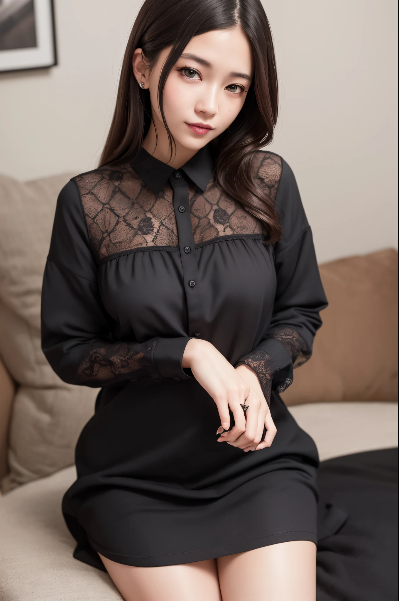 (Raw photo, Best Quality), (Realistic, Photorealsitic:1.3), masutepiece, extremely delicate and beautiful, Extremely detailed, nffsw, Unity, 8K, amazing, finely detail, Ultra-detailed, hight resolution, absurderes, Soft light, (Black hair, Short hair, Curly hair, hair messy, Bangor Tiful Detail Girl, Detailed fingers, extremely detailed eye and face, beautiful detailed nose, Beautiful detailed eyes, (Light on Face), Looking at Viewer, (Closed mouth:1.2), 1girl in, Cute, 年轻, Mature Face, pale skin, (Half body:1.3, sittingium&#39;breastsout), Realistic face, Realistic body, beautiful detailed thigh, (ulzzang -6500-v1.1:0.6), Black shirt,  (Semi-smile:1.3),