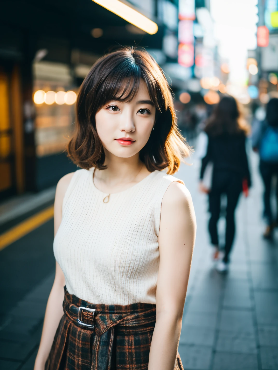 (Mastepiece, highest quality: 1.2), 8K,Dark Eyes, 1 Female, 25 Years Old, (((Female))), Solo, Realistic, Top Quality, Photorealistic, Masterpiece, 8K, High Resolution, Solo, Highly Detailed Face, (Professional Lighting, bokeh), (light particles, lens flare, glowing particles: 0.6), (dynamic pose: 1.2), soft lighting, angle from above, fashionable and trendy atmosphere, Japan, street, Tokyo, city, ( (Daytime)), Sky, ((Viewer looking at: 1)), (Looking at camera), (Portrait: 0.6), Cowboy shot, Gorgeous, Standing, Maintains original facial proportions, Broad shoulders, Full body, (Poor) breasts), (medium hair), brown hair, floating hair, lips, lipstick, seductive smile, floating hair, smile, (sleeveless white blouse), (jumper skirt), eyelashes, waist shot,