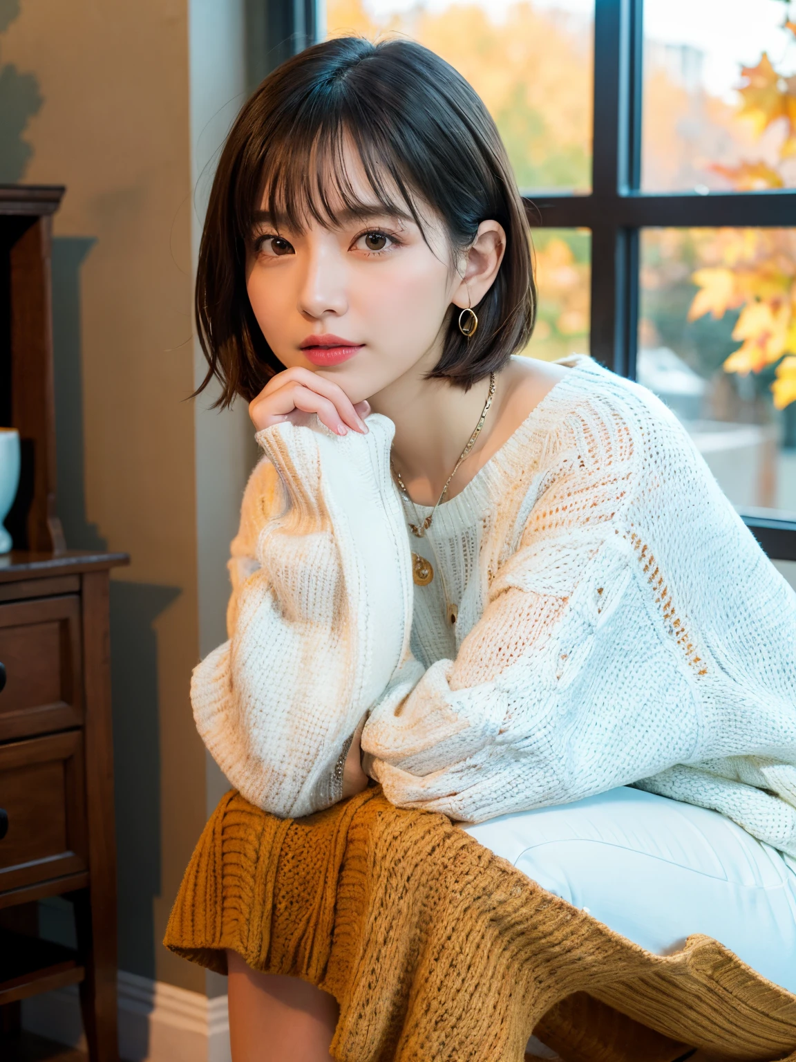 Nikon RAW Photos、8 K、FUJI XT3、​masterpiece、top-quality、Lifelike、Photorealsitic、ultra -detail、For girls、NVSHEN、Sweaters、short-hair、Poses variadas、Don't look at the camera、profile、orange natural lip、Crouch down、crouching down、white walls、Taken in front of the white door、(white wall room with window)、Autumn clothes、Winter clothes、 Necklace、Winter clothes、Sweaters、Shot in natural light)、Highly detailed facial and skin texture、very detailed lips、The correct state of the human body