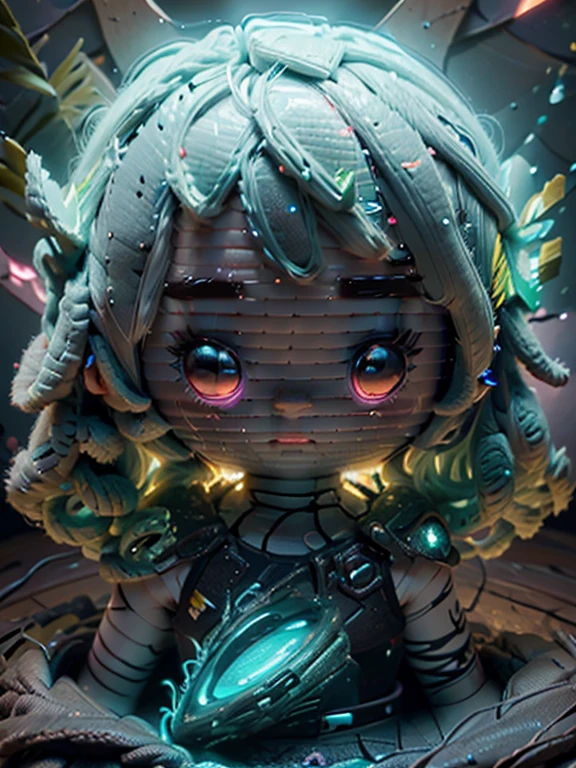 ((The cute neon glow girl illustration drawn)), largeeyes, Round eyes, eyes glowing, dark forest background, x-files, alien abduction, dark neon lights. bathed in light, The floor with sparkling jewels. The light of diamonds and the light of emeralds spread out beautifully like stars.