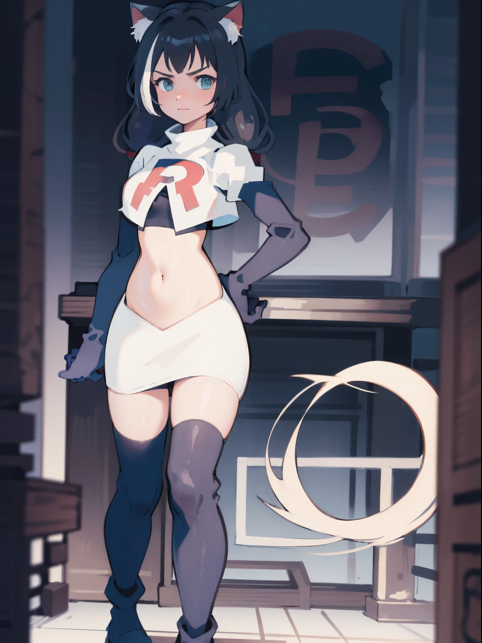 karyl,low twintails, twintails, cat tail,team rocket,team rocket uniform,white skirt,crop top,black thigh-high boots,black elbow gloves,