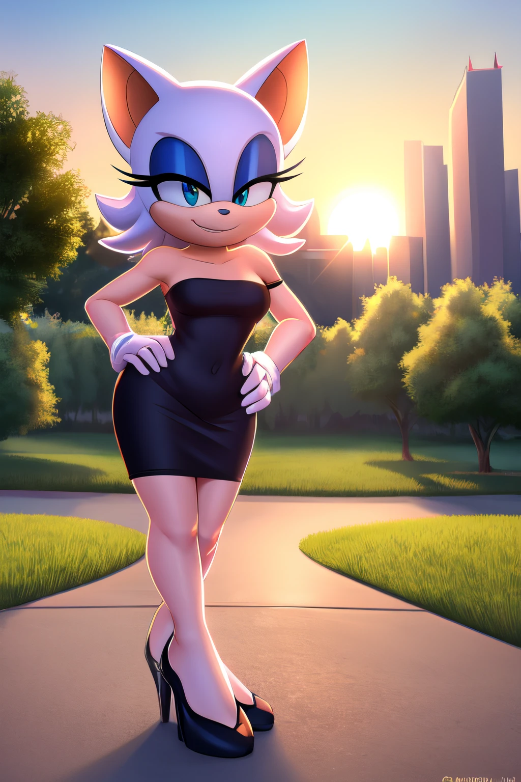 full body, rouge the bat, no wings, seductive, bare shoulder, little black dress, strapless dress, short bodycon dress, skin-tight dress, black high heels, sundown, park background smile, hand on hip, 2D illustration