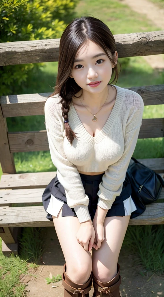 ((Best Quality)), ((masutepiece)), (hight resolution)、(Detailed), ((Oblique view from above))、((Take a full-body photo of the subject))、Well-groomed Face、Perfect face,large full breasts、pretty skin,One cute 18 year old Japanese girl,Short cut brown hair,Braided hair、Great smile,Autumn Park、(sit on a bench)、Autumn Women's Fashion、Sweaters、a miniskirt、beautiful thighs and ankles、Inner Stock、stretch out your thin legs、(wear short boots)、a necklace、耳环