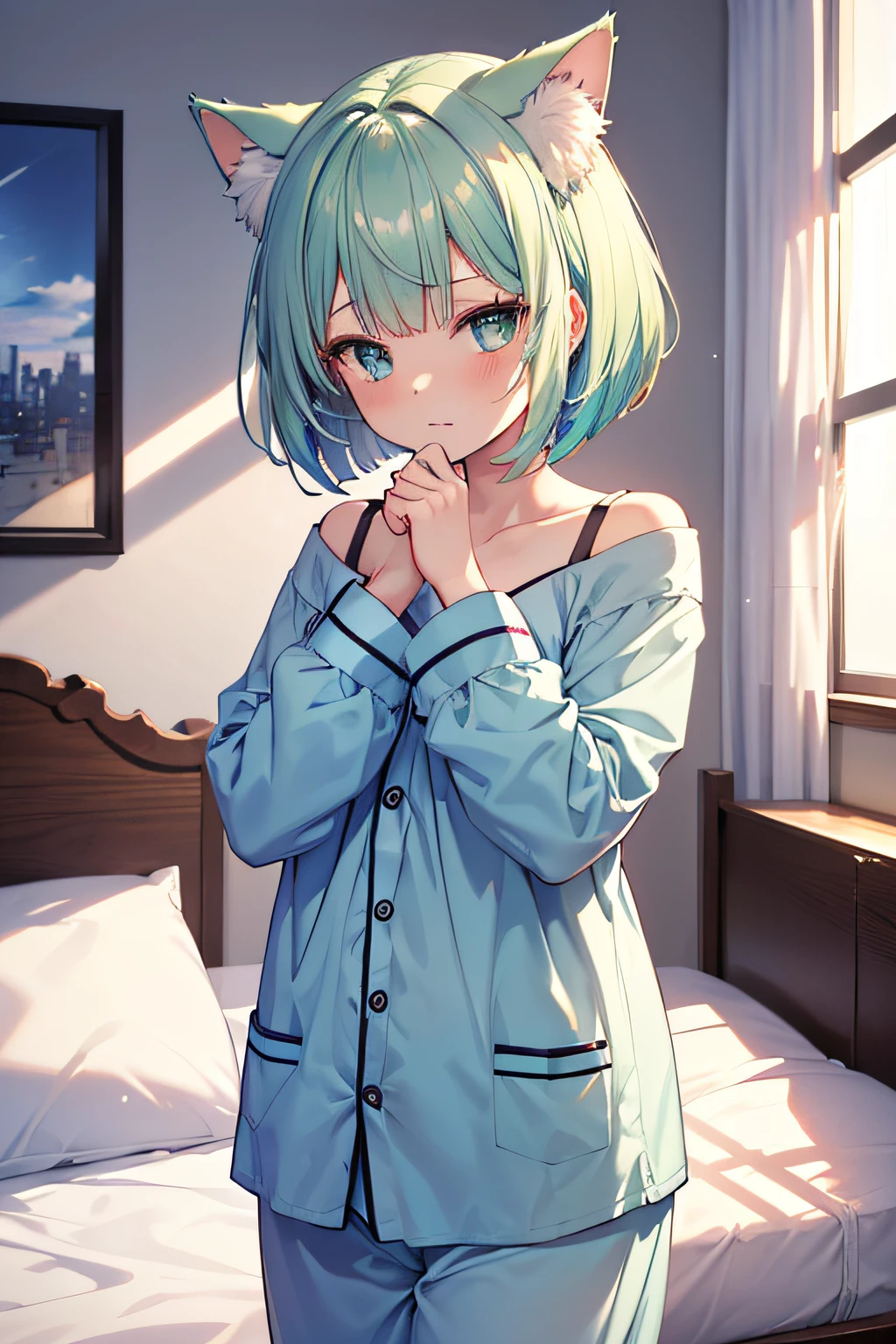 ((masutepiece)), ((Best Quality)), in 8K, detaileds, Ultra-detailed, Detailed and Intricicated, 1girl in, light blue and green hair, bob cuts, Cat's ears,undergarment, Shoulder, yawns, s Pajamas, on the beds,