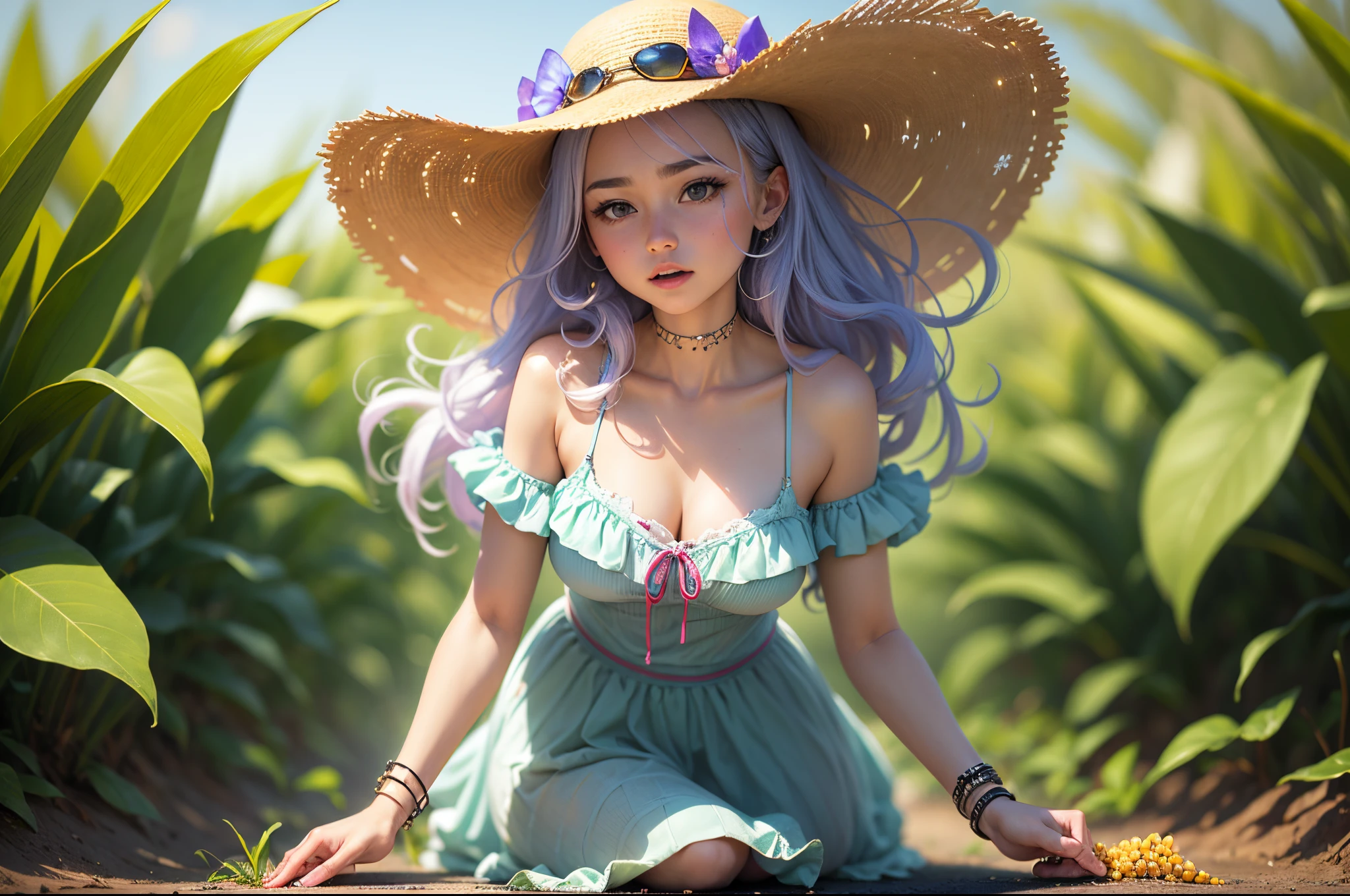 (masterpiece:1.4, best quality), (intricate details), unity 8k wallpaper, ultra detailed, (photorealistic:1.2), beautiful and aesthetic, perfect lighting, (1girl), ((multicolored hair, two-tone hair, very light green hair, blue hair, purple eyes:1.3, medium breasts)), dynamic pose, dynamic angle, lipstick, slim, slim body, (Linen_shirt_dress:1.4),(Straw_crossbody_bag:1.3),(Slip-on_espadrilles:1.2),(Picnic_garden_background:1.4), detailed background, realistic, perfect detailed face, detailed eyes, highly detailed, blush, hair ornament,