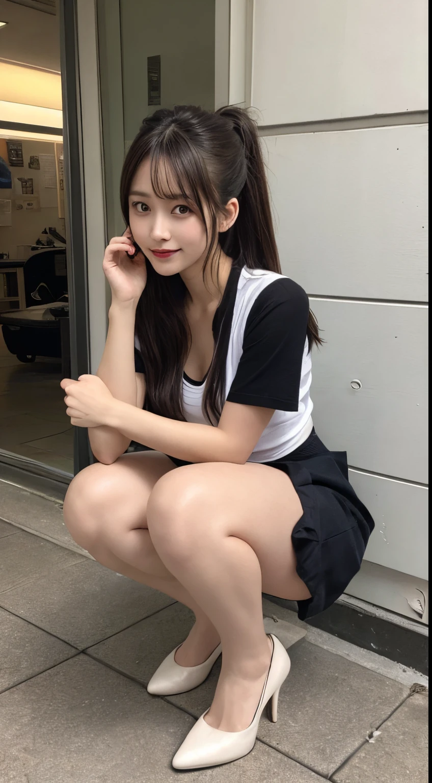 masutepiece, Best Quality, Illustration, Ultra-detailed, finely detail, hight resolution, 8K Wallpaper, Perfect dynamic composition, Beautiful detailed eyes, Women's Fashion Summer,Ponytail hair,Small breasts natural color lip, Bold sexy poses,Smile,Harajuku、20 years girl、Cute、Sexy shots watching viewers、large panorama、Hidden areas exposed、Move your center of gravity back,  (Show panties:1.4), (Wearing a miniskirt、up skirt:1.Anti seen from the front:1.0), (crouching down:1.4), heels on the ground, slightly spread legs, Squat with your knees raised, Put your butt on the ground,Whole body, (Looking at Viewer:1.2), from the front side、