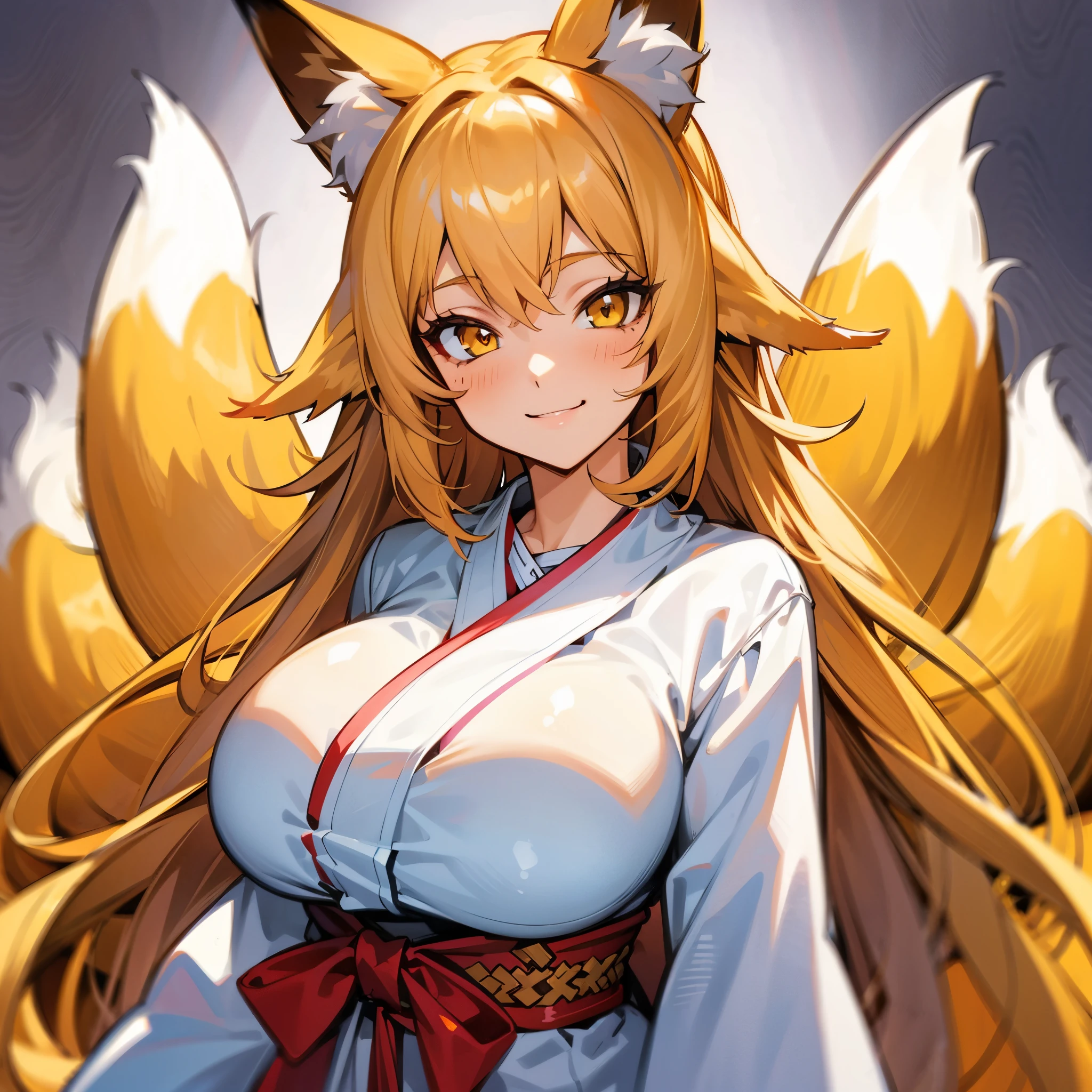 1woman, long curly blonde hair, yellow eyes, big breast, white yukata, fox ears, fox tail, mischievous smile, solo, best quality, masterpiece, portrait, simple background, looking at the camera, from the front, detailed, perfect anatomy, detailed art, high definition, 4k, high resolution