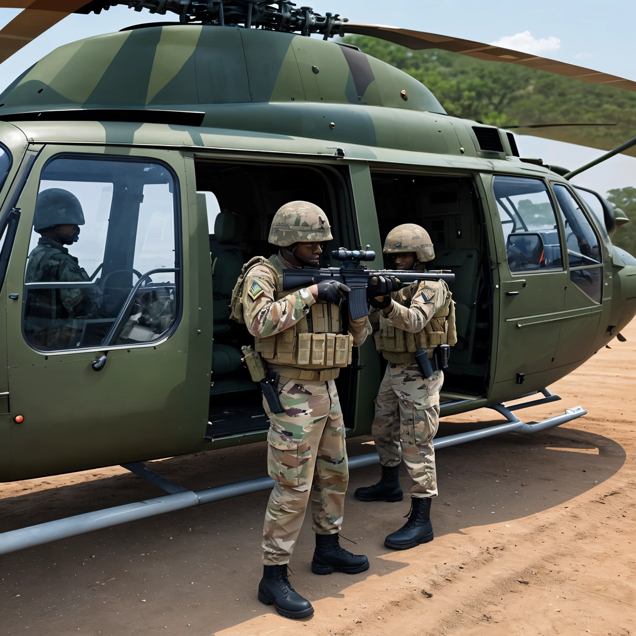 Hyper realistic 8k, ultra detailed, (Best Quality digital illustration Masterpiece of An african soldier shooting from a helicopter