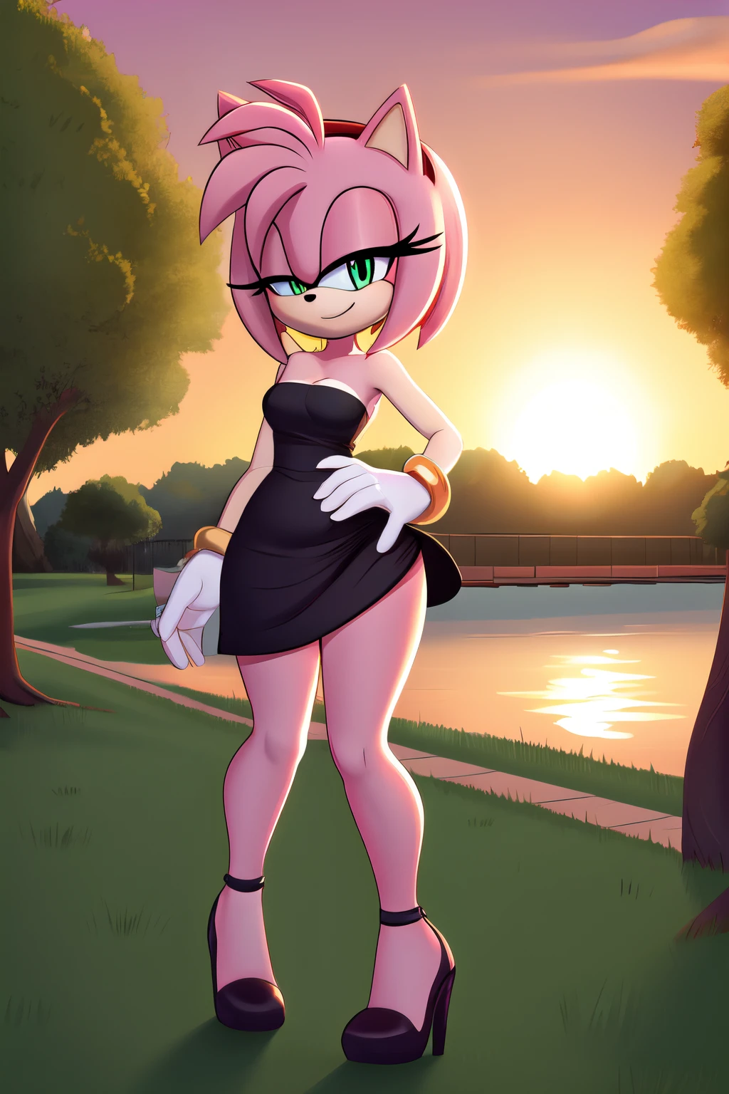 full body, Amy rose, seductive, bare shoulder, little black dress, strapless dress, short bodycon dress, skin-tight dress, black high heels, sundown, park background smile, hand on hip, 2D illustration