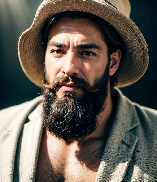 (best quality,4k,highres,masterpiece:1.2),extremely detailed eyes and face,close-up of man in his thirties,beautiful detailed eyes,detailed lips,realistic facial features,muscular built,confident expression,sunlit background,gentle smile,impressive beard and mustache,warm color tones,sharp focus,professional portrait,studio lighting,subtle shadows,stylish haircut