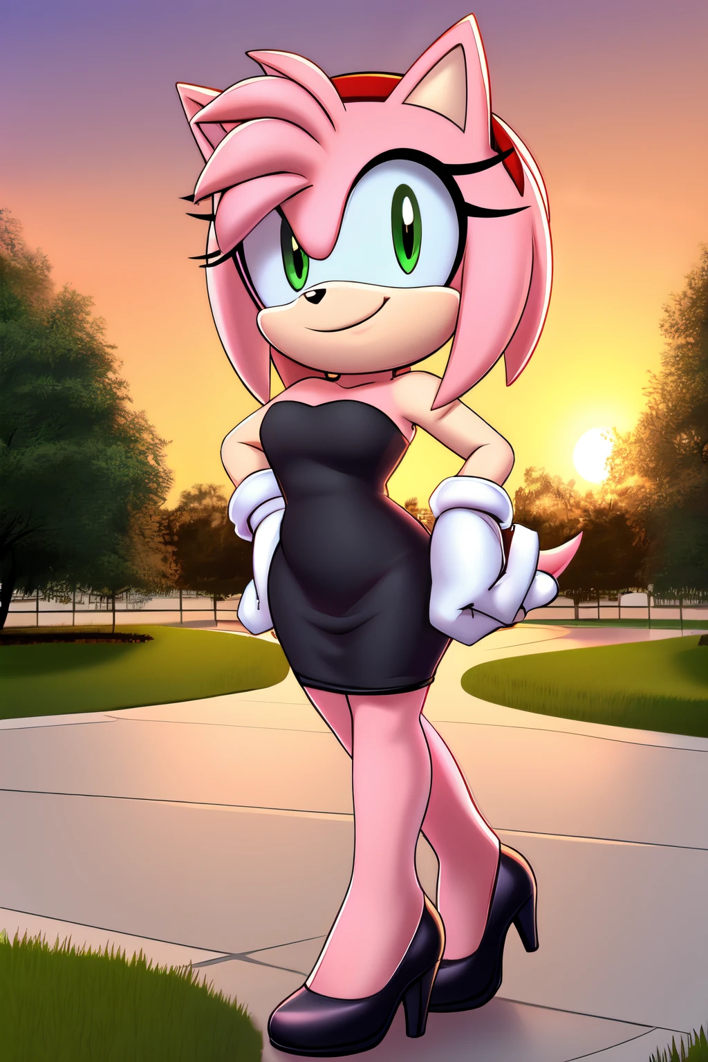 full body, Amy Rose, seductive, medium breast, bare shoulder, little black dress, strapless dress, short bodycon dress, skin-tight dress, full moon, at night, park background smile, hand on hip, 2D illustration, tied ankles together, tied arms, barefoot, sit on a chair