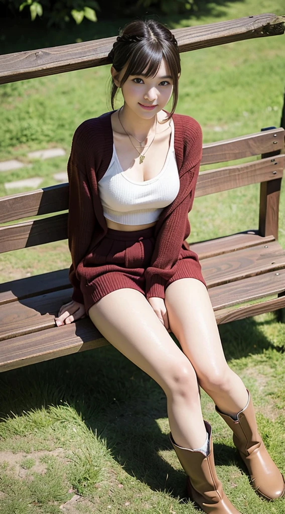 ((Best Quality)), ((masutepiece)), (hight resolution)、(Detailed), ((Oblique view from above))、((Take a full-body photo of the subject))、Well-formed face、Perfect face,large full breasts、pretty skin,Cute 18 year old Japan girl,Short cut brown hair,Braided hair、Great smile,Autumn Park、(sit on a bench)、Autumn Women's Fashion、Sweaters、a miniskirt、beautiful thighs and ankles、Inner Stock、stretch out your thin legs、(Wear short boots)、a necklace、耳环