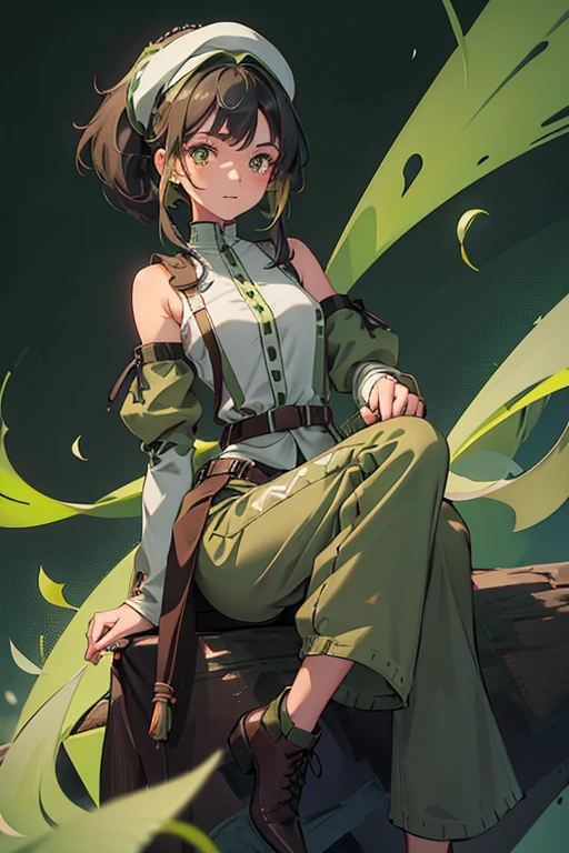 Amiria has tan skin, freckles below her eyes, and black hair. She wears a pale green blouse with a gray seed pattern and a light green collar, bottom trim, and sleeve ends, black pants, a brown beret that has a light green visor with stitches, and green and brown shoes, light green laces, and black soles