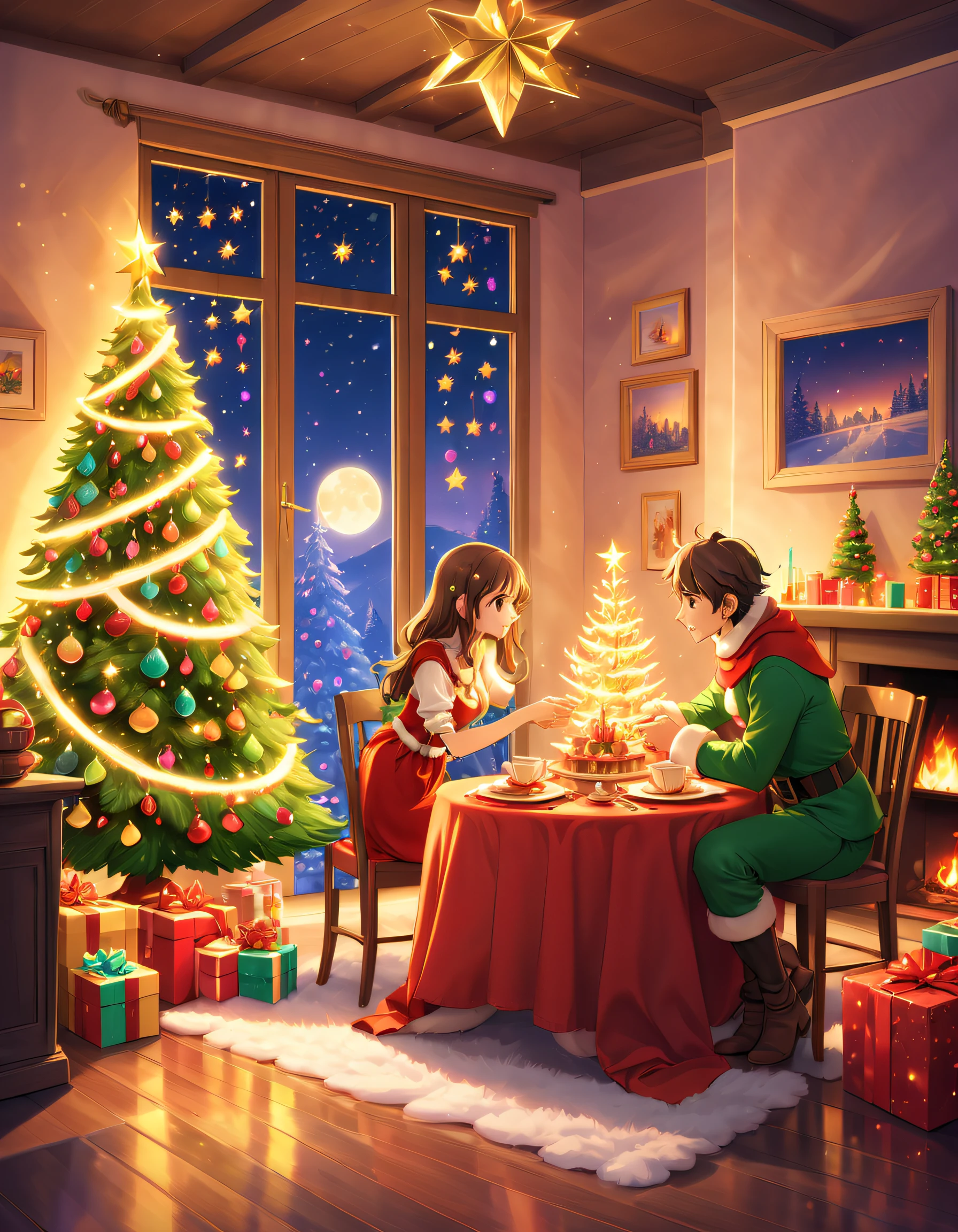 (Best quality at best, 8K, A high resolution, tmasterpiece:1.2), ultra - detailed, (actual, realistically:1.37), vivd colour, magical ambiance, Whimsical, ((The room is full of stars，stars shining bright))，((Vector illustration style)), The room is decorated with a strong Christmas atmosphere. A string of shining colored lights hangs on the wall, Christmas wreath and little snowman on windowsill, In the corner of the room stands a beautifully decorated Christmas tree. On a table, There are beautiful cutlery and red plates. In the center of the table, Have a sumptuous Christmas feast, Next to it is a bottle of red wine and two exquisite wine glasses. (((A male and female couple wearing Christmas costumes cuddling together))), Smiling and looking at each other，Eyes full of happiness and warmth. There are several scented candles lit in the room, It exudes a light fragrance. Warm fire burning in the fireplace, Brings warmth and comfort to the entire room, Surreal, Psychedelic, Complicated details, Beautiful texture, Ethereal, like a dream, Soft glowing light, Charming Patterns, fantastical creature, Hidden surprises, dreamlike landscapes, Surreal color palette, Mystic aura, hyper realisitc, Enchanting journey, psychedelic trip, vivid imagination, immersive experience, Mysterious Christmas, otherworldly charm, glowing paths, Light up a magical Christmas, surreal sky, Whimsical themed festivals, a magical encounter, Fascinating artwork，(Ghibli-style colors, first person perspective, hyper HD, tmasterpiece, Acura, Anatomically correct, ctextured skin, super detailing, high detal, high high quality, Award-Awarded, Best quality, 8K)