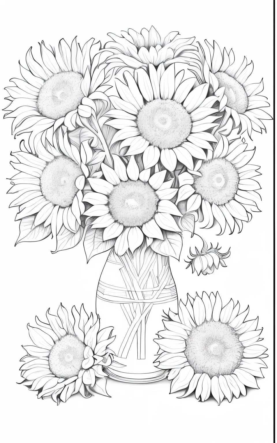 a drawing of a vase filled with sunflowers on a table, detailed flowers, flowers with intricate detail, hyper detailed line art, coloring book outline, detailed 4 k drawing, detailed line art, banana plants drawing, extremely hyper-detailed, extremely hyper - detailed, black and white detailed sketch, more and more flowers, with lots of details, extremely hyper detailed, sunflowers, thick outline