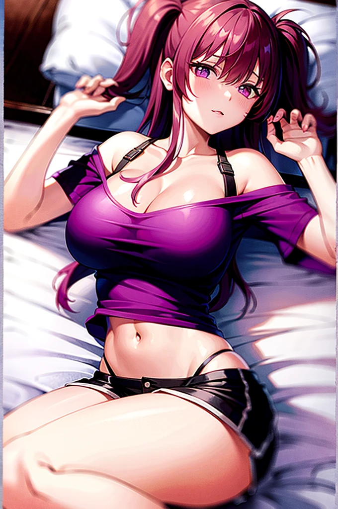 purple hair, tshirt, shorts, bed, laying on back, large chest