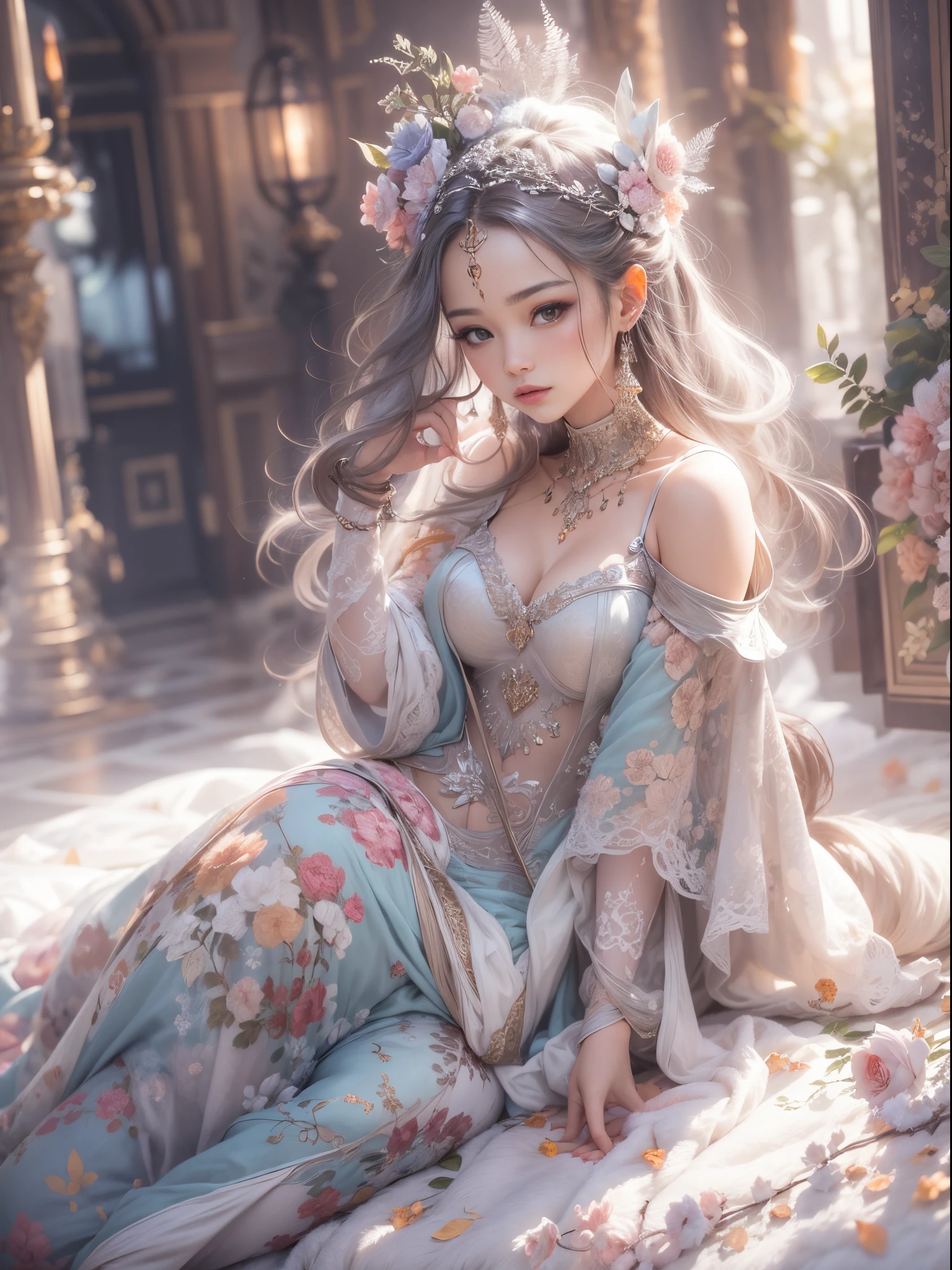 Best Quality, Masterpiece, hight resolution, 4 Noble Girls, lesbians, touching each other, seducing, snapping, eighteen forbidden, Asian style, Hanfu, white and even teeth, Irises, Shot Full Body, backside shot, chinese women's clothes, Chinese traditional dress, Long Dress, The nightgown has a thin lace with a deep slit on the chest, chinese underwear, Stockings, Wearing Stockings, lace stockings, mesh stockings with hooks on underwear, garter belt, lace legwear, Worn at the waist, highheels, high boots, high leather boots, corset, turtleneck polo lace top, Choker, leash, BDSM, fetters, Chained, Long gloves, makeup, eyes with very clear and detailed makeup, lipstick, extra very long hair, pony tail, hair ornaments, necklace, Jewelry, crown jewelry, pretty face, magic import style, Tyndall effect, photorealestic, dark studio, border light, two tone light, (high-detailed skin: 1.2), 8K UHD, dslr , soft light, hiquality, surround light, candid, photo , High Resolution, 4k, 8K, bokeh, around dark: 1.6), the surreal full female body of David Hockney and Alphonse Mucha, Fantasy art, photo realism, dinamic lighting, station art, posters, voluminous lighting, highly detailed faces , super 8k, Awarded, around dark, deep shadow, low lighting, bust, Фон спальни Luxury Chambers, Royal style family, best face, Very round and tight breasts, surreal, guweiz, (full - body), (Background detail 1.8), moderately large,