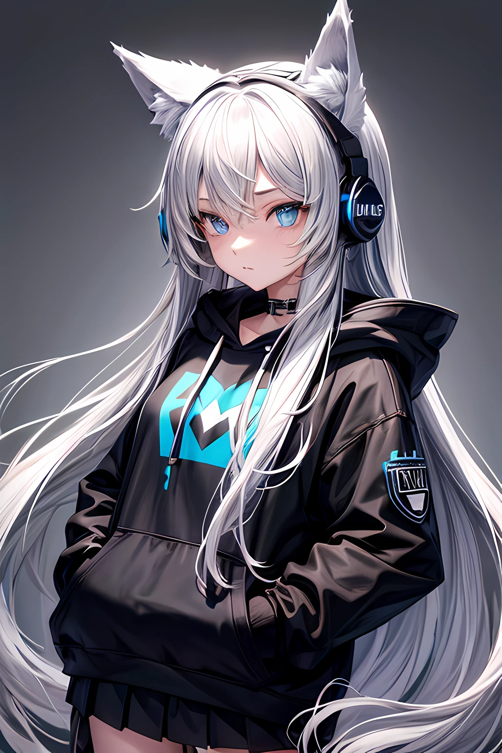 Teenage girl with long hair, wolf ears, wearing black hoodie and medium length skirt, blue eyes, grey background, wearing headphones, nervous