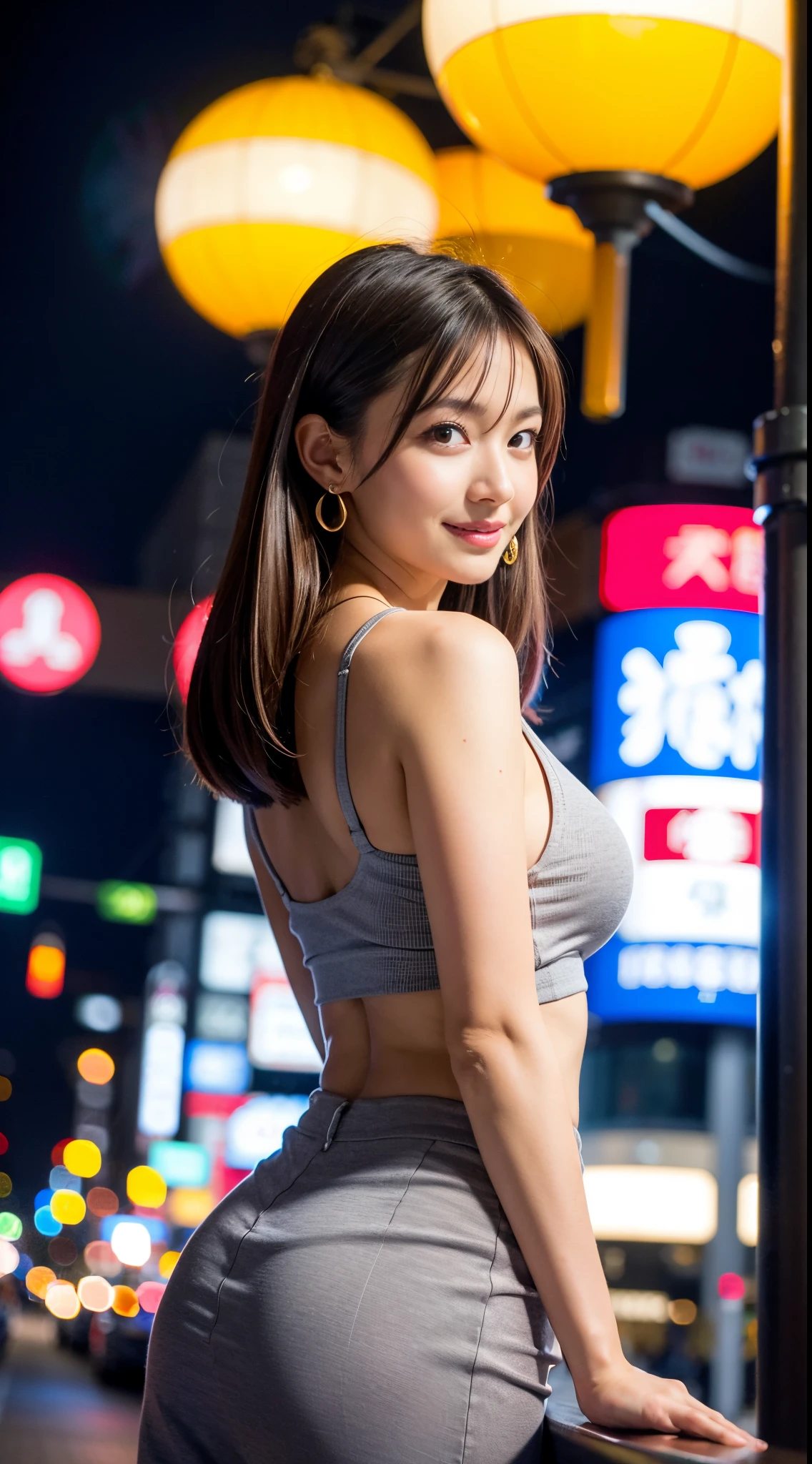 (masutepiece:1.3), (8K, Photorealistic, Raw photo, Best Quality: 1.4),(Japan Woman)), super model,A 23-year-old girl,,sexyposture,perfect your figure,Looking at the camera,Huge breasts,very big boobs,Bob Head,Brown hair, Blue Pupils, earrings,Necklace, A smile,natta,nighttime scene,natta,Farbe々Hairstyle,Lots of women、fullmoon、Farbe々Hairstyle、tokyo streets. Night、on tokyo street, Night, Cityscape, City lights,