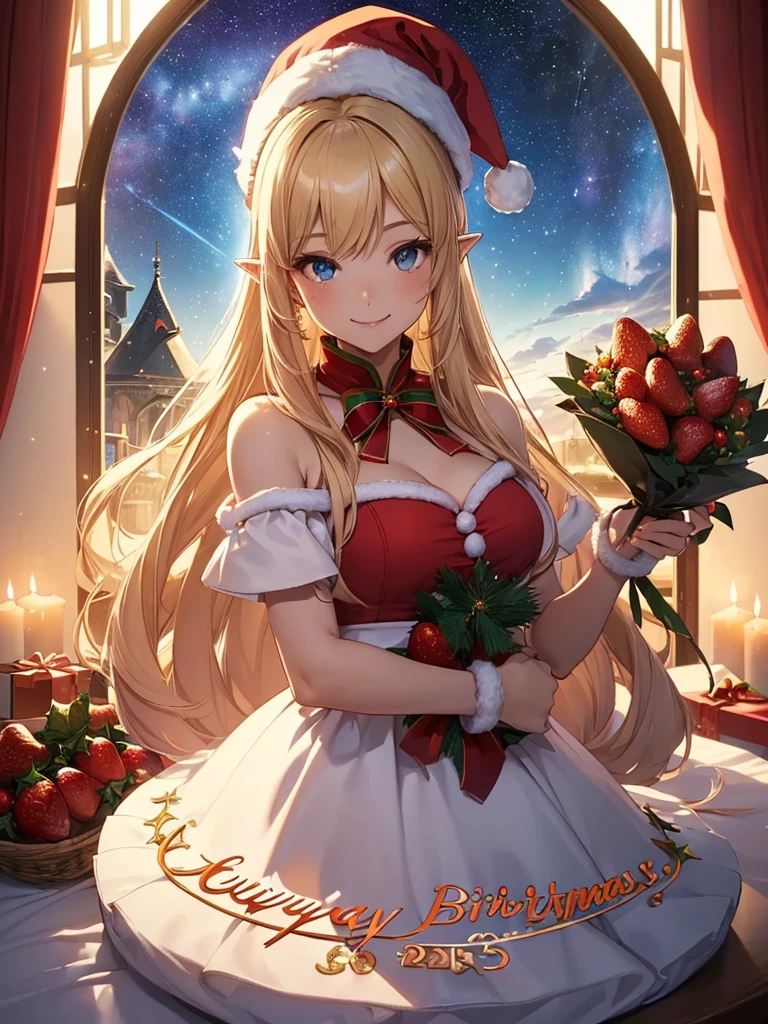 top-quality、Top image quality、masterpiece、frontage、Super beautiful fairy elf beauty((24 year old、Best Bust、Bust 90,beautiful blue long ironed hair、a blond、A slender、a closeup、Esbian、santa hat、Santa Clothes、hiquality、Beautiful Art、window((starrysky、UFO in the sky)))masutepiece、visualart、Room with fireplace、Luxurious strawberry Christmas cake、happy birthday、Christmas Party、Christmas present🎵、Happy smile、Gentle light、nffsw、