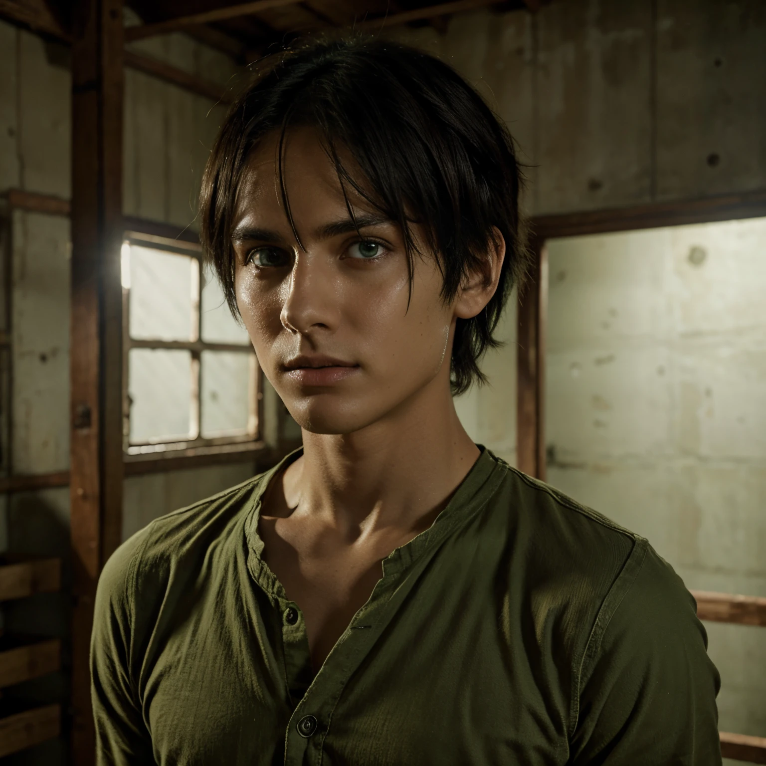 Eren yeager, com olhos verdes claros.